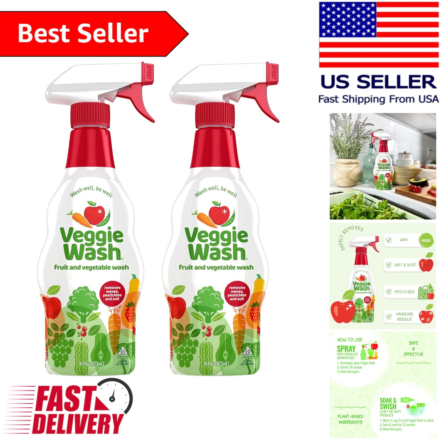 Fruit & Vegetable Cleaner, 16 Oz Spray (2-Pack) – Effectively Removes Wax