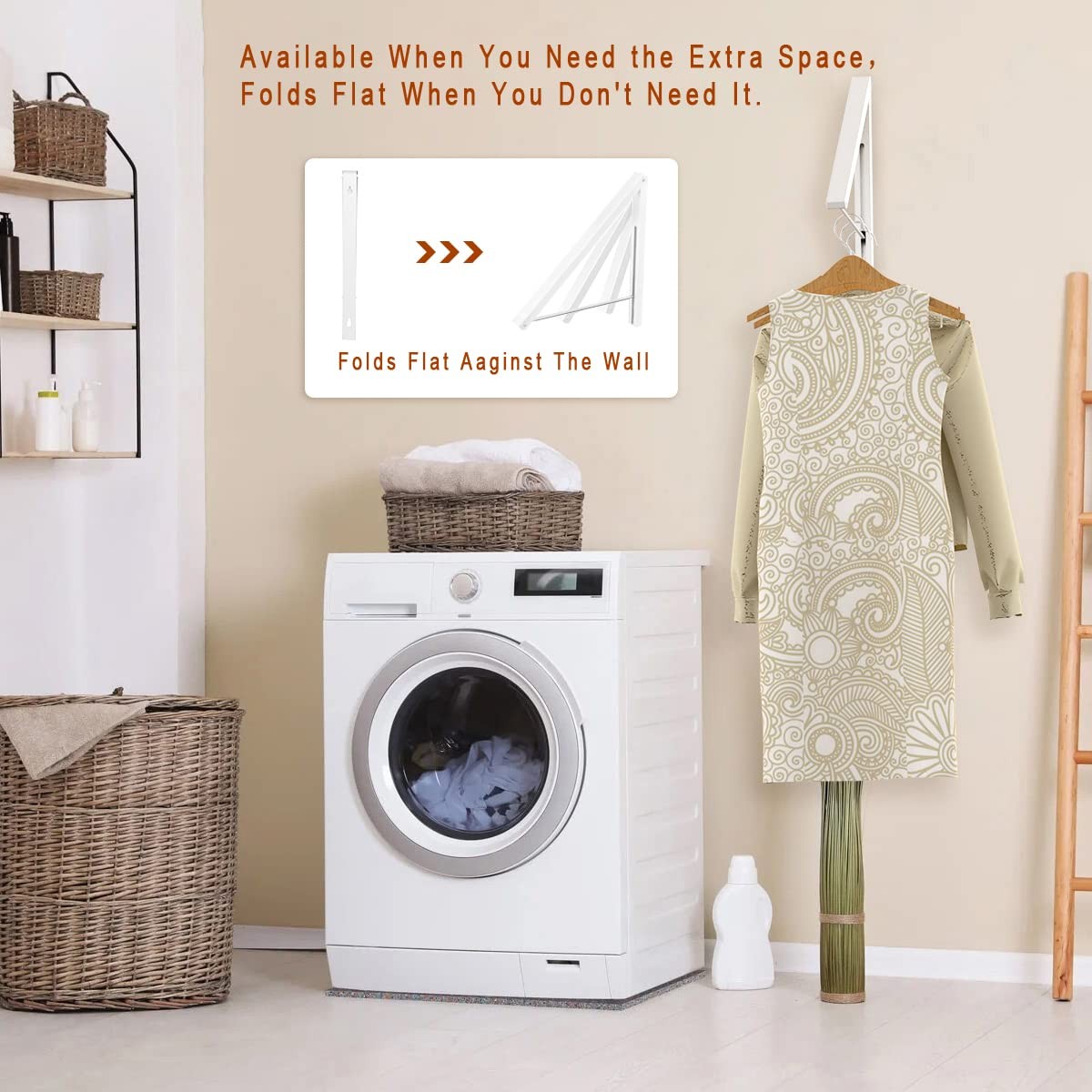 Folding Clothes Hanger Wall Mounted Retractable Rack Aluminum White Hanger