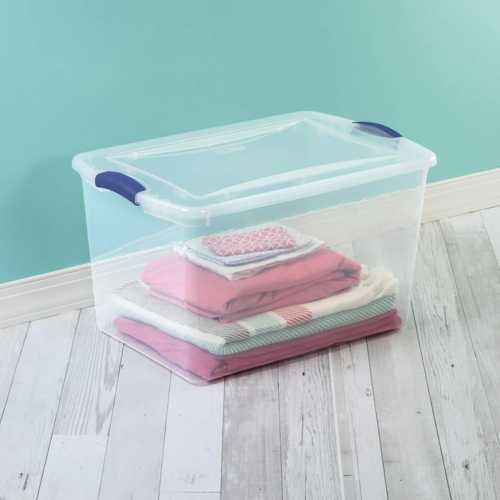 6Pack Sterilite Large Storage Bin, 66 Quart Clear Plastic Storage Container Blue