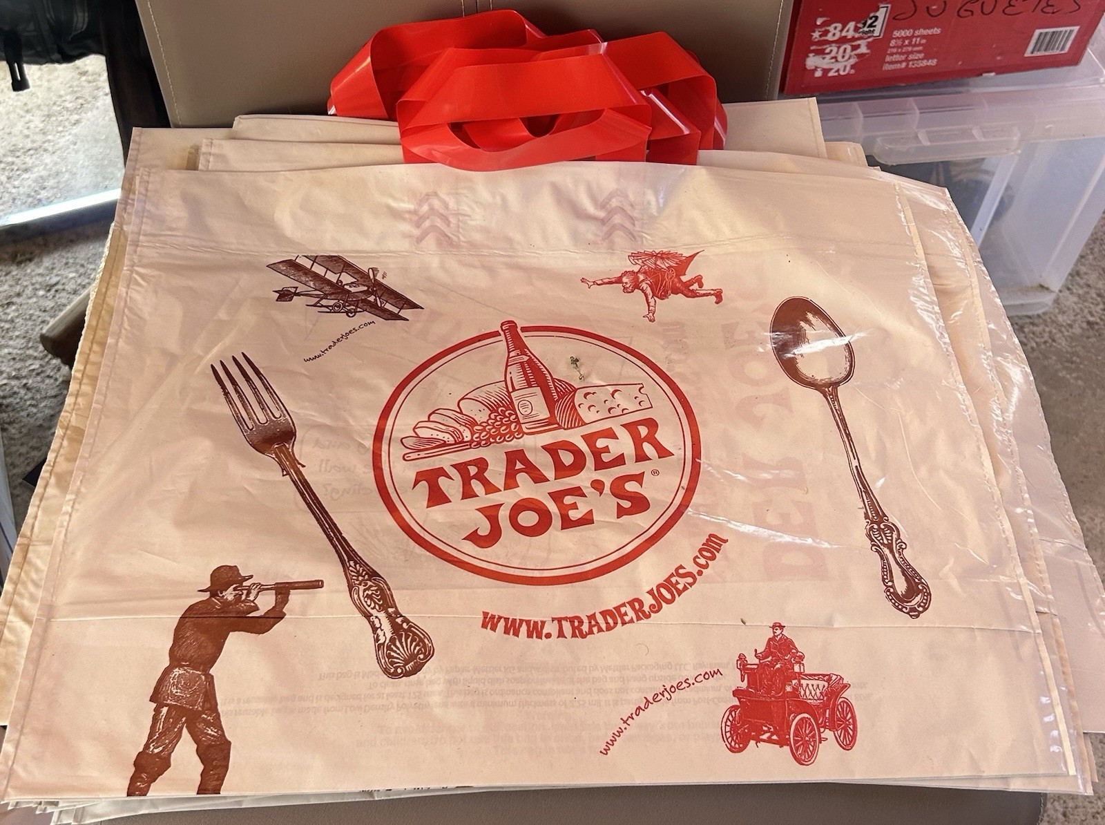 Trader Joe’s Reusable Shopping Bag Foldable LDPE Beige Red All-Over Pattern