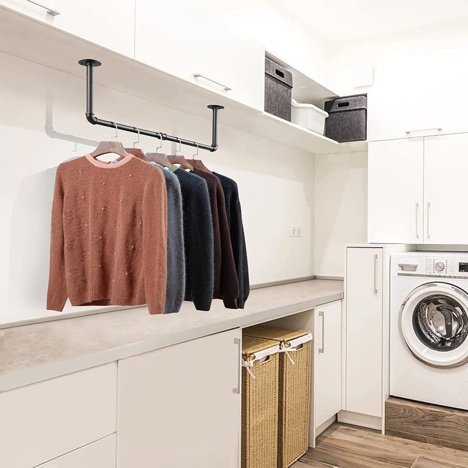 2X Wall Mounted Clothes Rack Industrial Pipe Clothes Hanging Bar Space Saving
