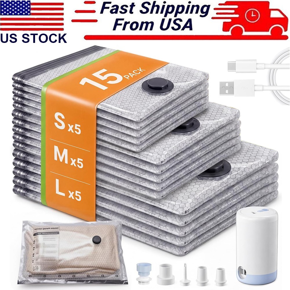 15 Pack Travel Vacuum Bags w/ Rechargeable Pump Compression Clothes Organization