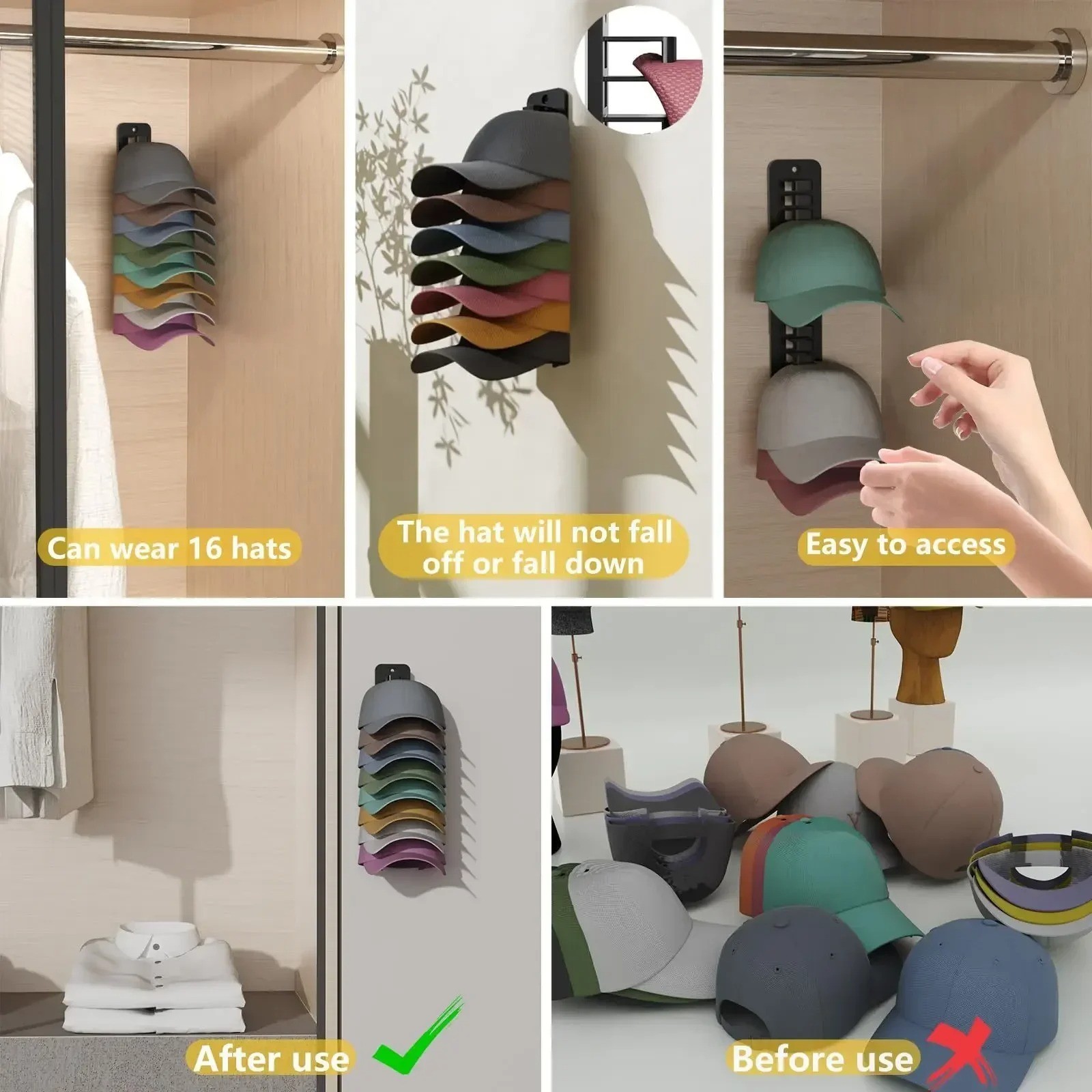1pcs Wall-Mounted Hat Organizer Rack – 10 Grids Space-Saving Hat Hanger – NEW
