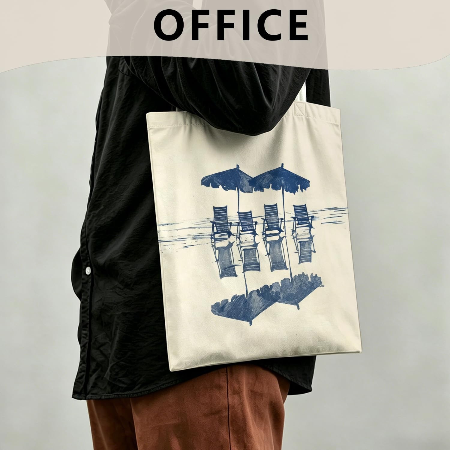 Navy Blue Coastal Beach Tote Bag, Retro Cottage Ocean Seaside Beachy Canvas T…