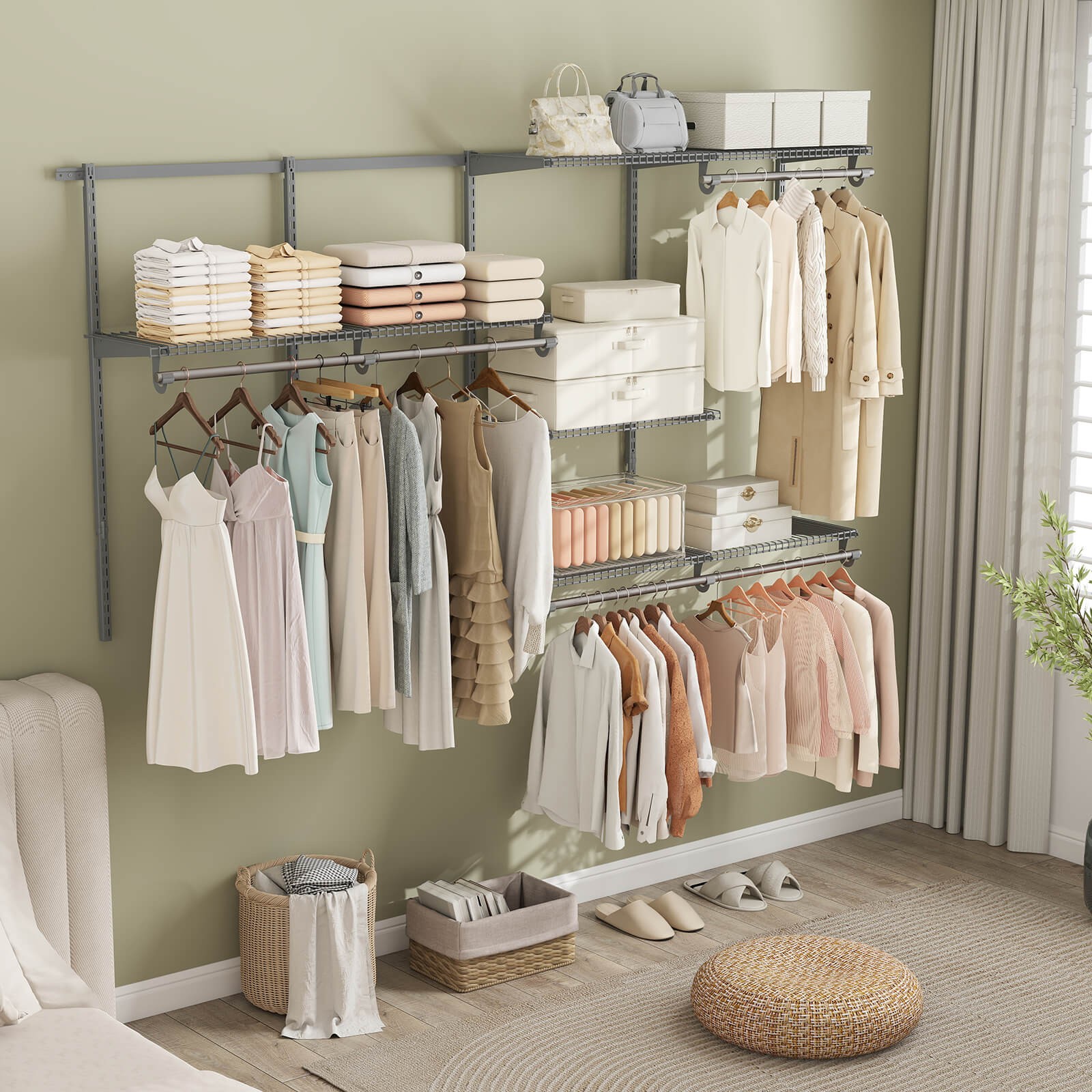 4-8 FT Wall-Mounted Closet Organizers and Storage System w/ Hanging Rod