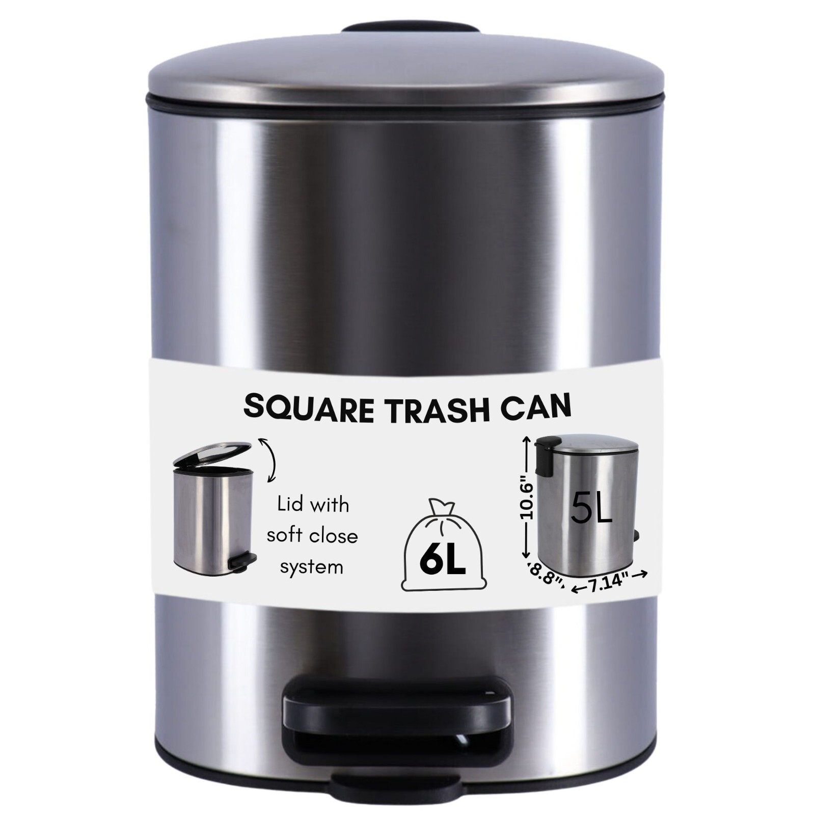 Square Metal Trash Can, Silent Soft Close Lid, 5L – 1.3 Gal Capacity, Foot Pedal