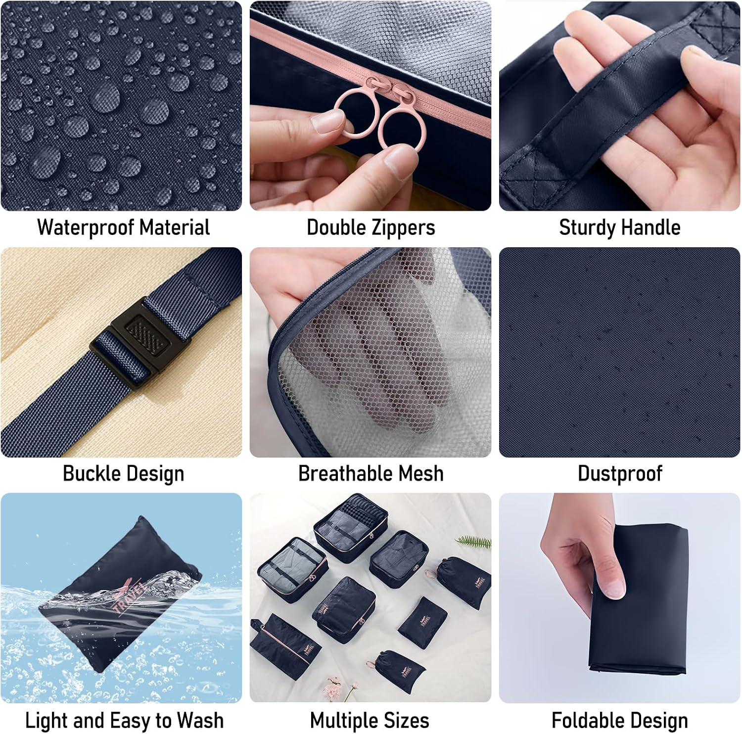 Travel Packing Cubes Set 8PCS Mesh Luggage Organizer Bags Navy Blue Mesh Design