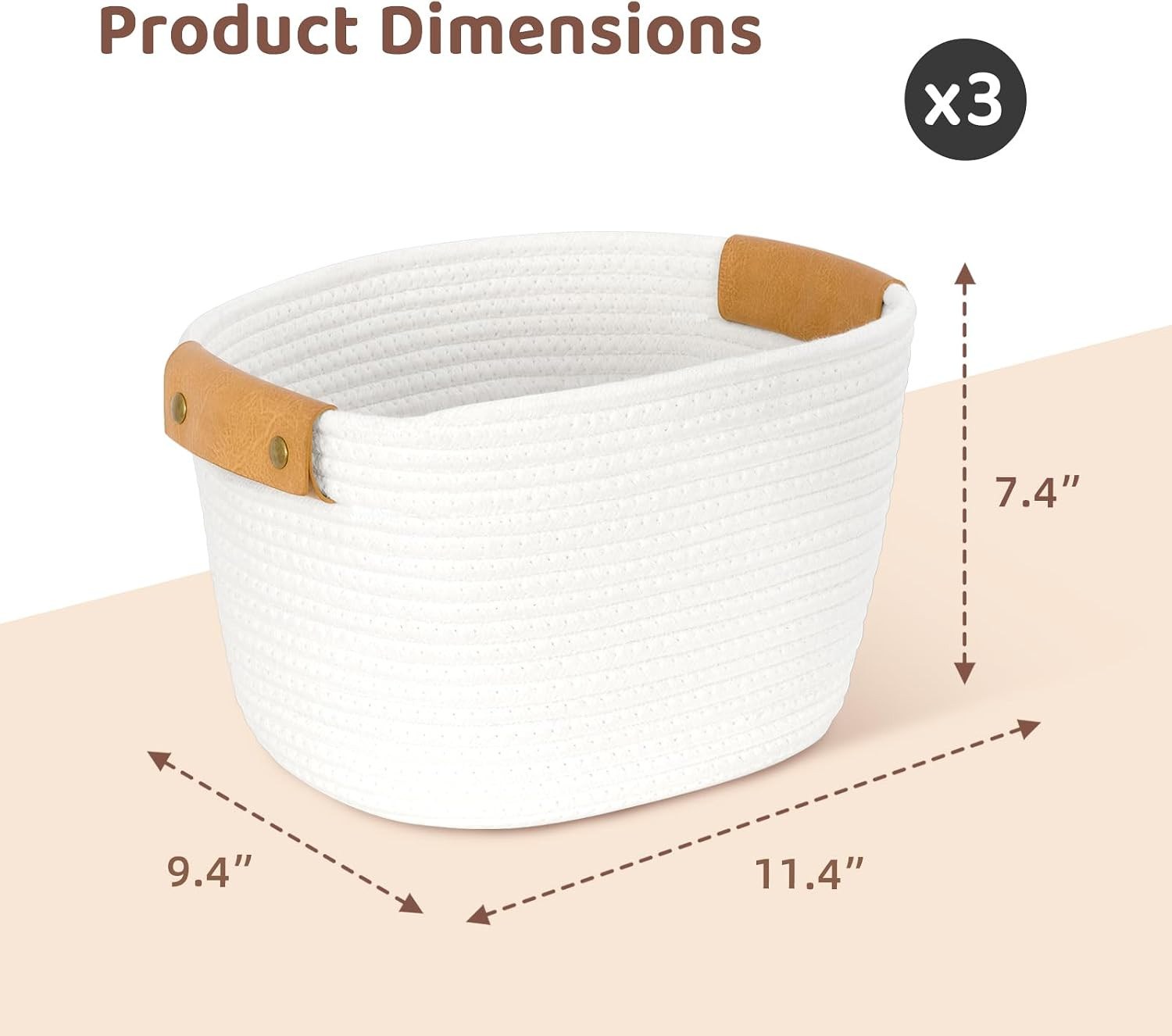 3-Pack White Storage Baskets for Organizing Toys and Shelves, 11.4″x9.4″x7.4