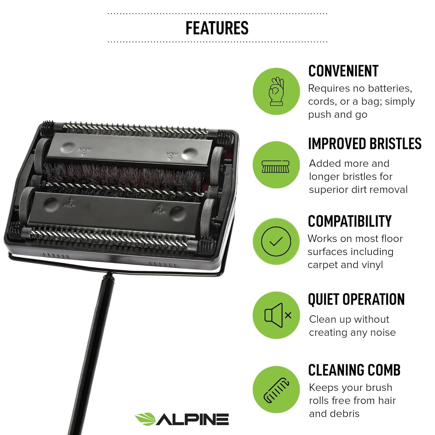 Alpine Industries 11 in. Wide Manual Triple Brush Carpet and Floor Sweeper, Red