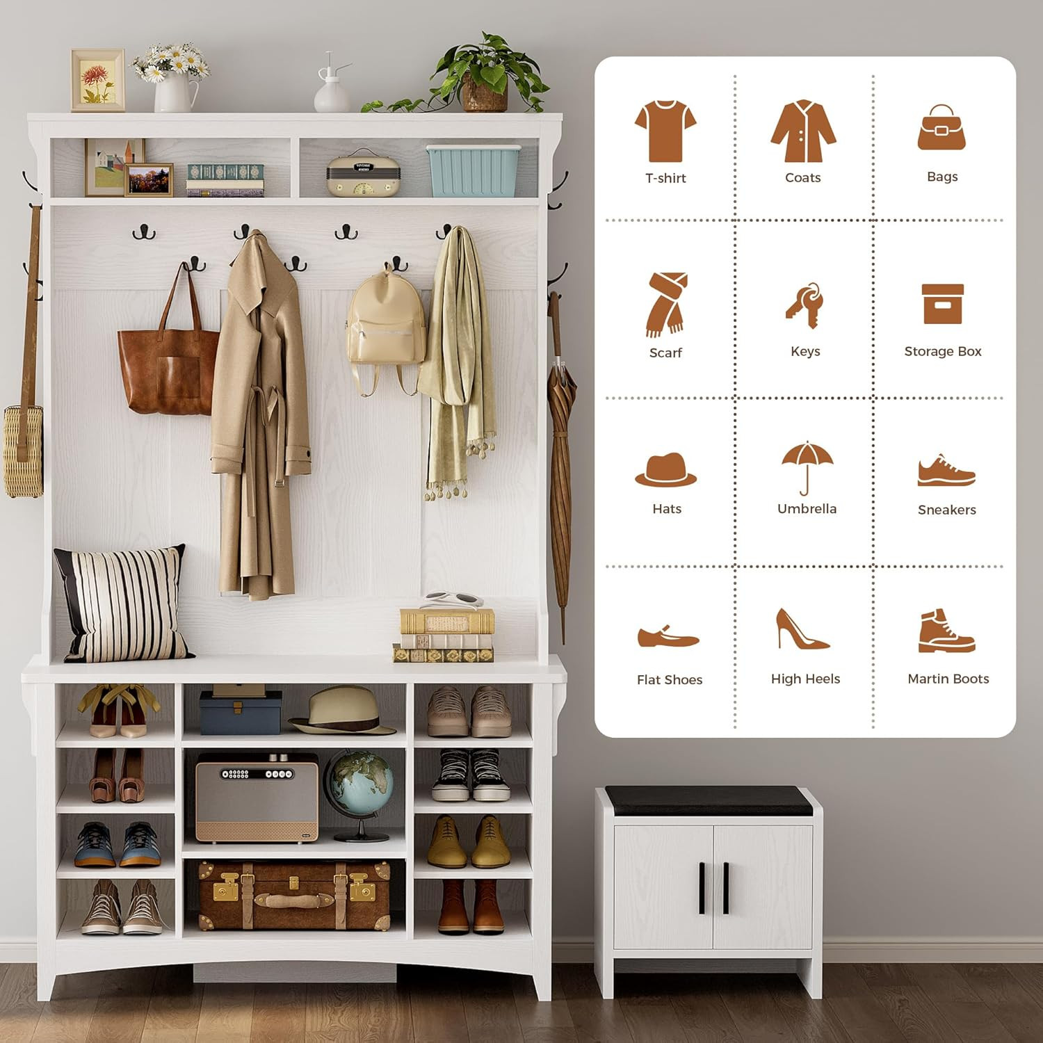 Hall Tree with Bench and Shoe Storage, 6-In-1 Entryway Bench with Coat Rack, Adj