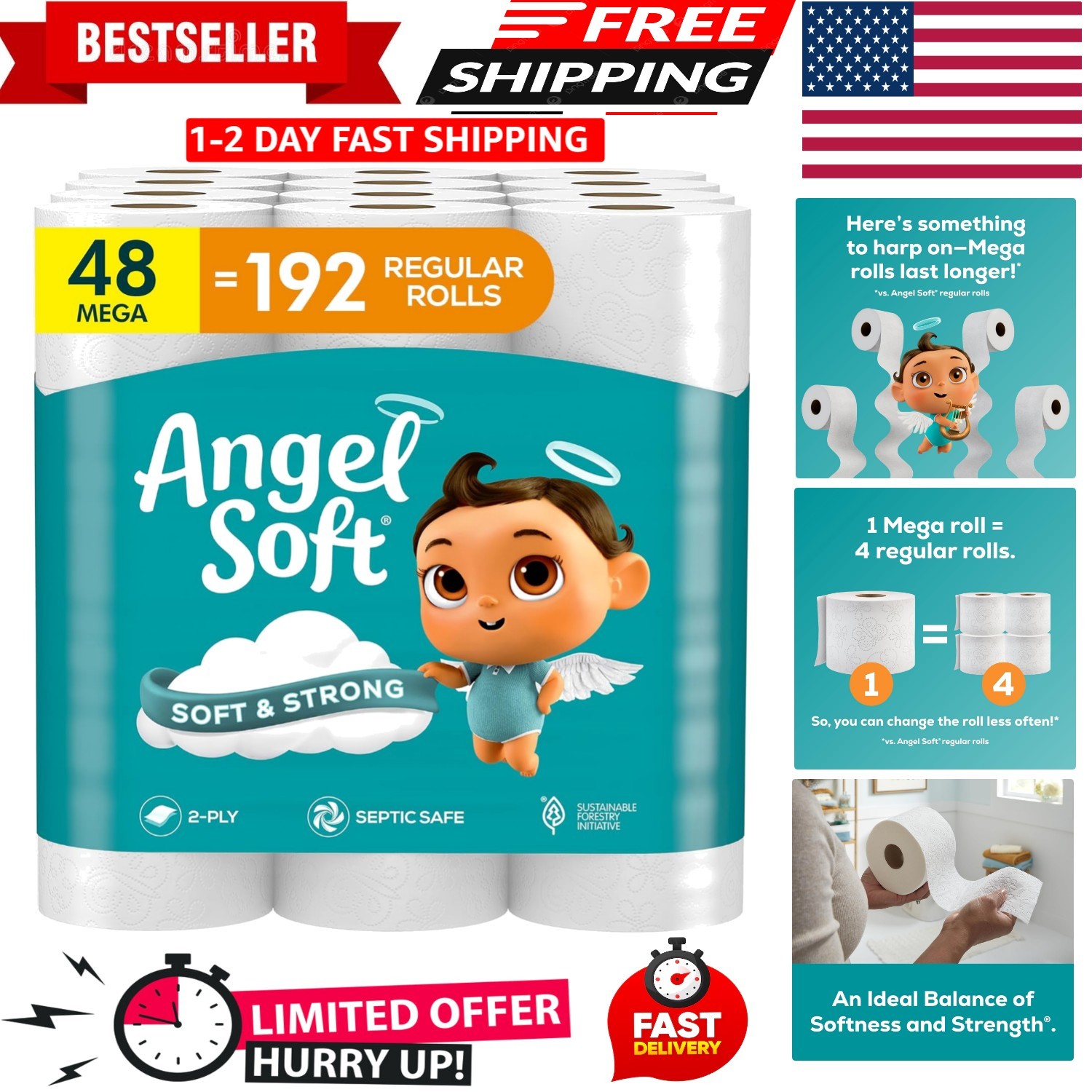 Angel Soft Toilet Paper, 48 Mega Rolls = 192 Regular Rolls, Soft and Strong