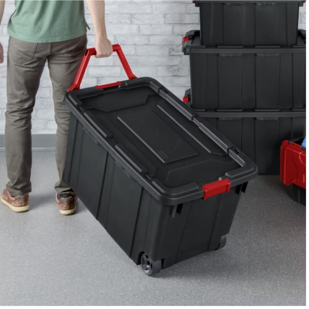 (2 Pack) Sterilite 40 Gallon Wheeled Storage Tote Black Latching Lid Pull Handle