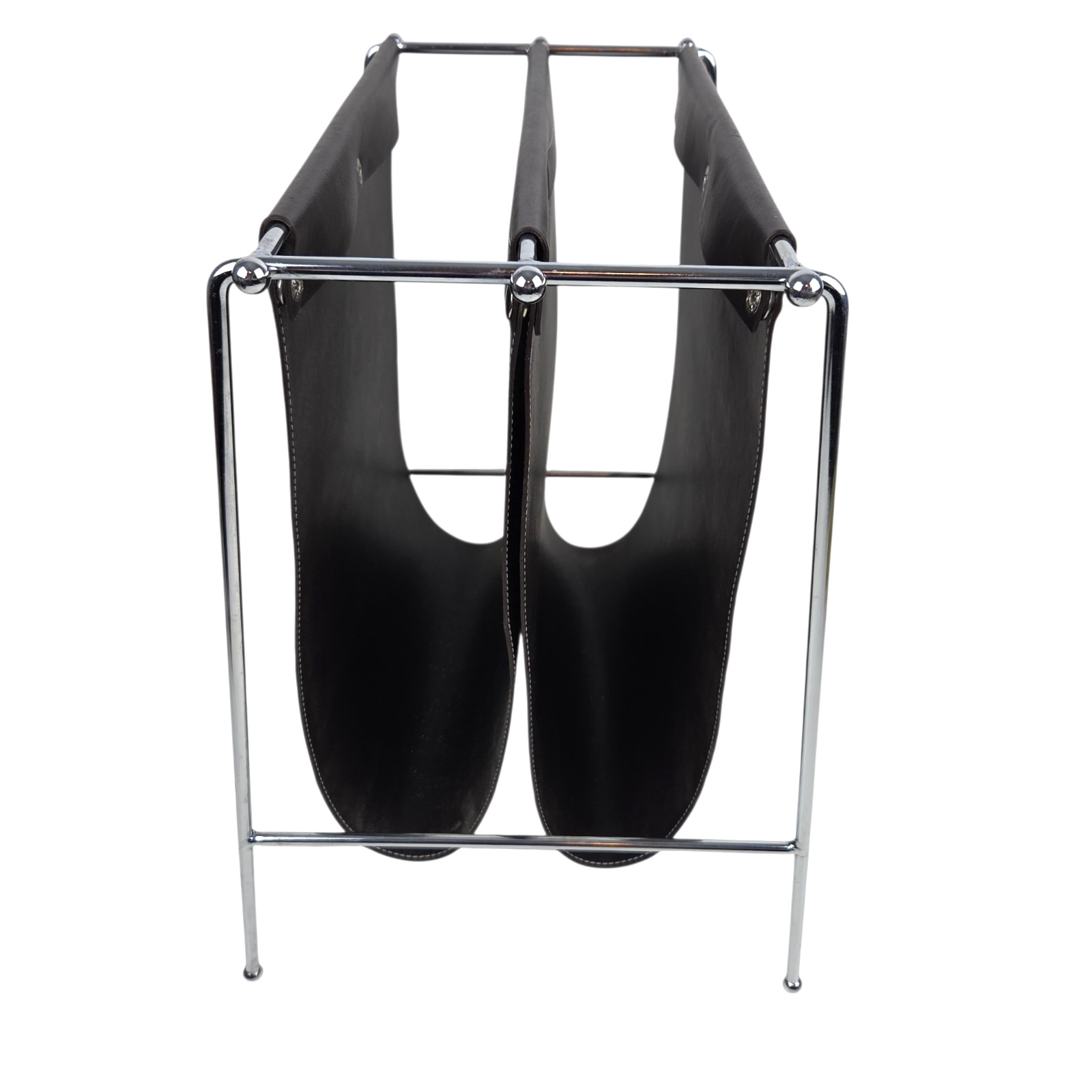 Mid Century Jacques Adnet Style Leather Grain Black Vinyl Chrome Magazine Rack