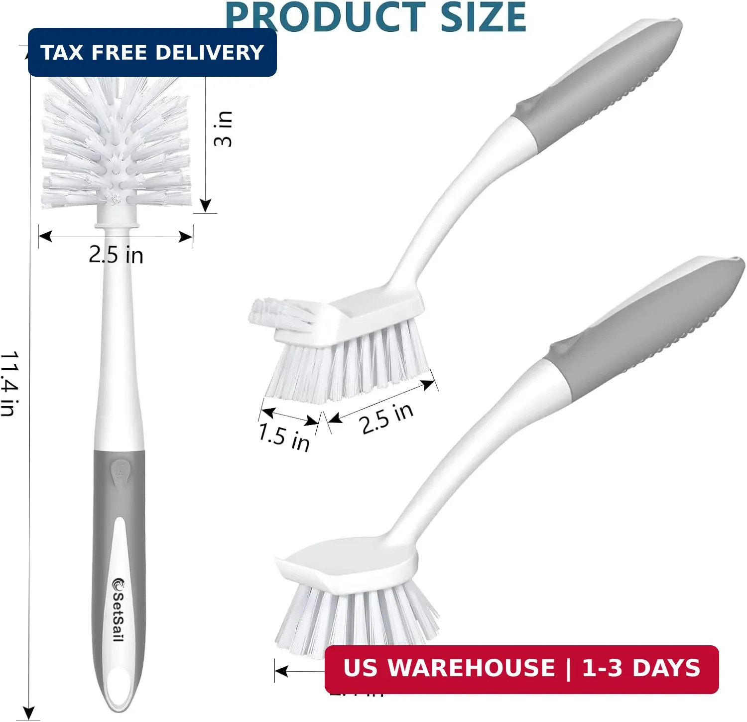 3 Pack Dish Brush Set, Long Handle Kitchen Scrub Brush, Gray | Built-In Scraper