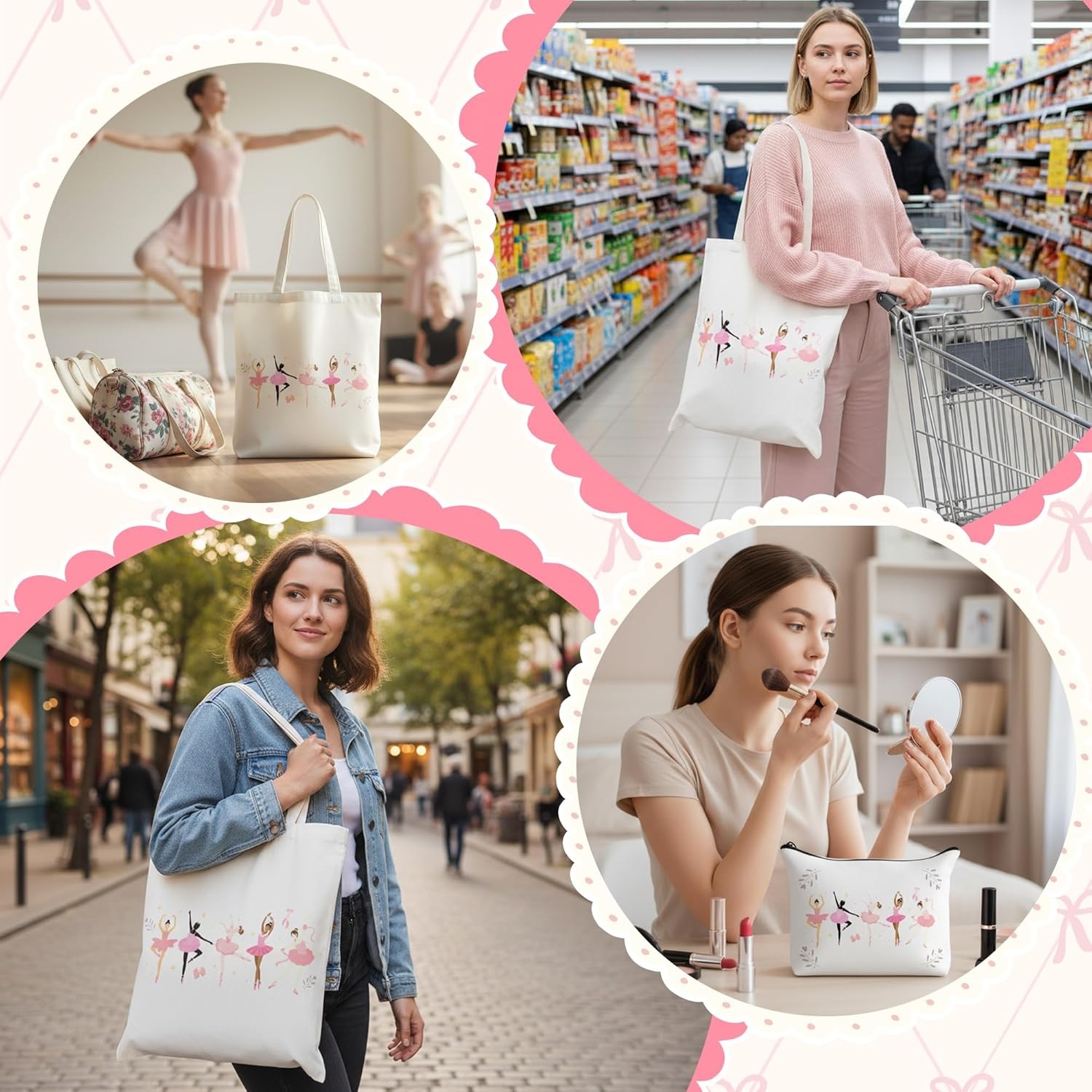 Ballet Canvas Bag Gifts – 2Pcs Ballerina Watercolor Print Canvas Tote Bag Makeup