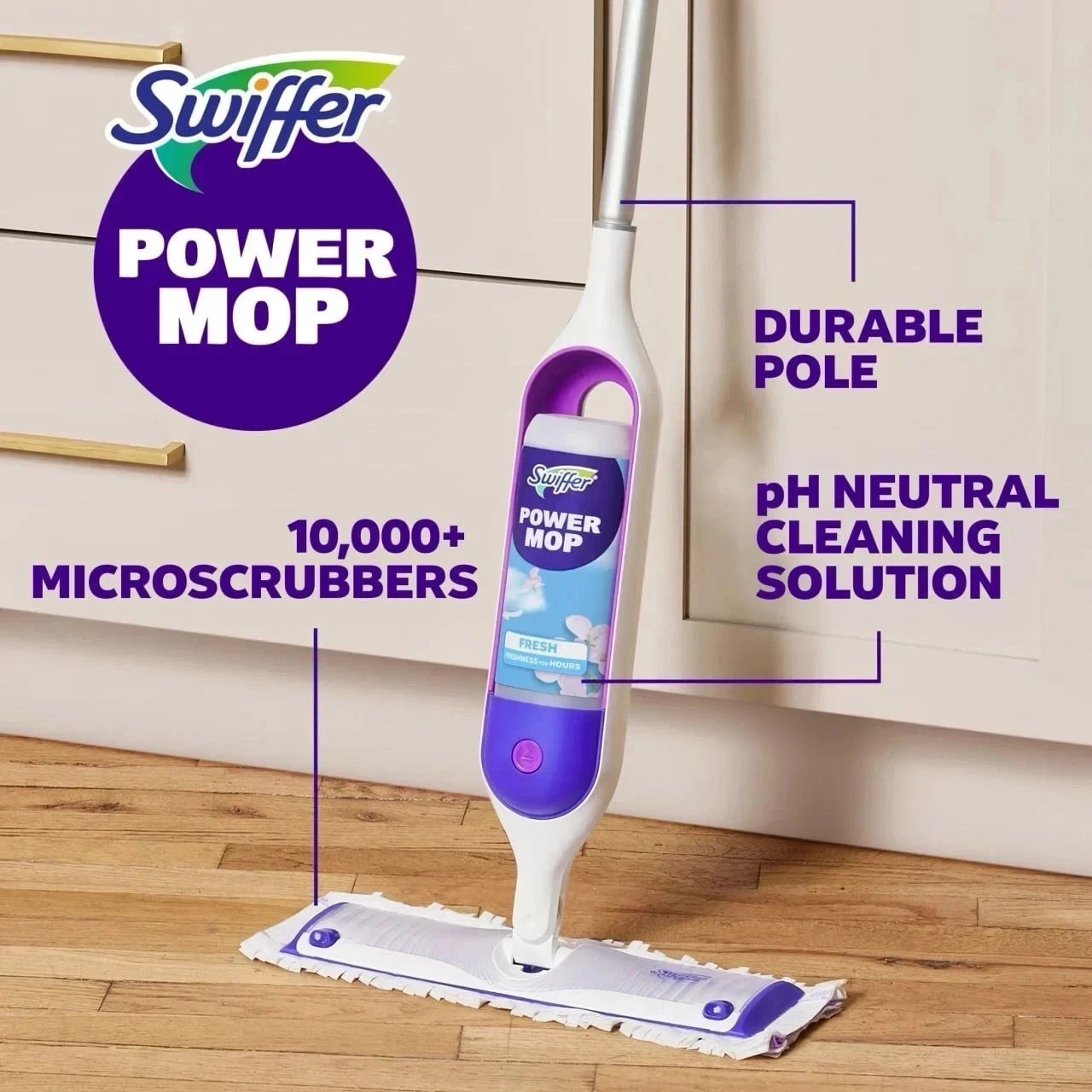 Swiffer Power Mop Kit with Refill, Unscented, 1 Handle + 1 solution & 2 Pads