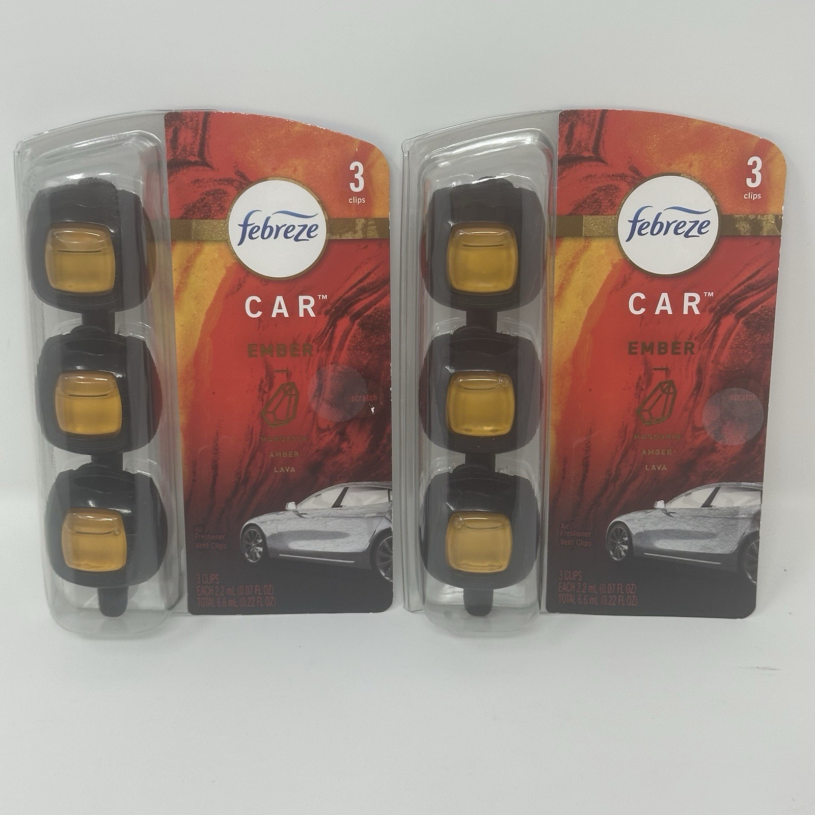 2 PACKS OF 3 Febreze Car Air Freshener Ember Scent Vent Clips 0.7oz