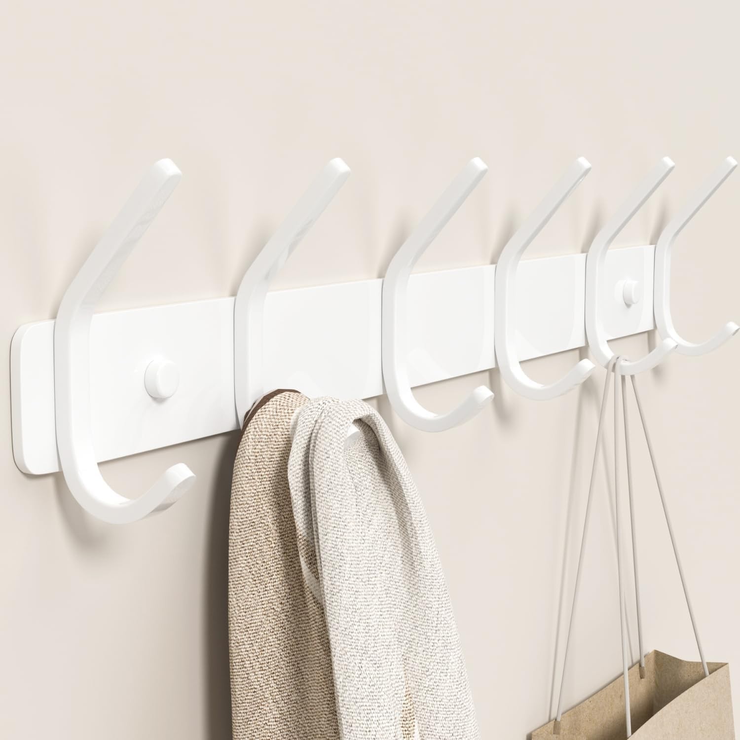 Coat Rack Wall Mount Hooks – 15 Inch Matte White Metal 6-Hook Organizer Wall