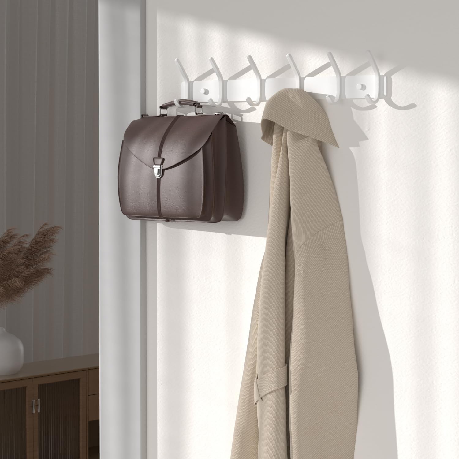 Coat Rack Wall Mount Hooks – 15 Inch Matte White Metal 6-Hook Organizer Wall