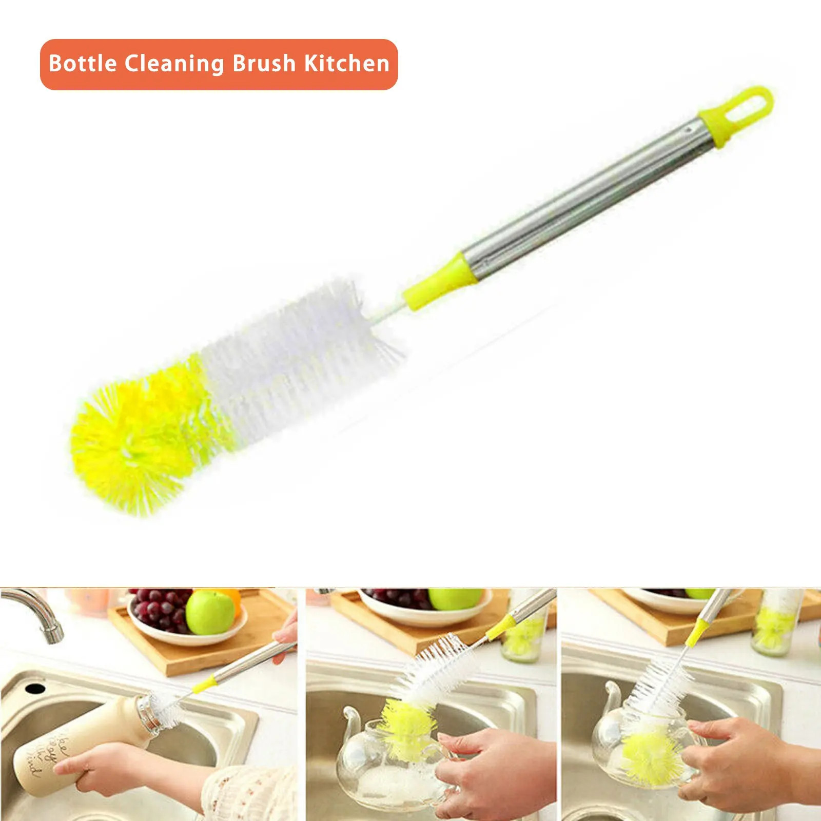 Curved round Head Stainless Steel Handle Bottle Cleaning Brush 360 Degree Cleani