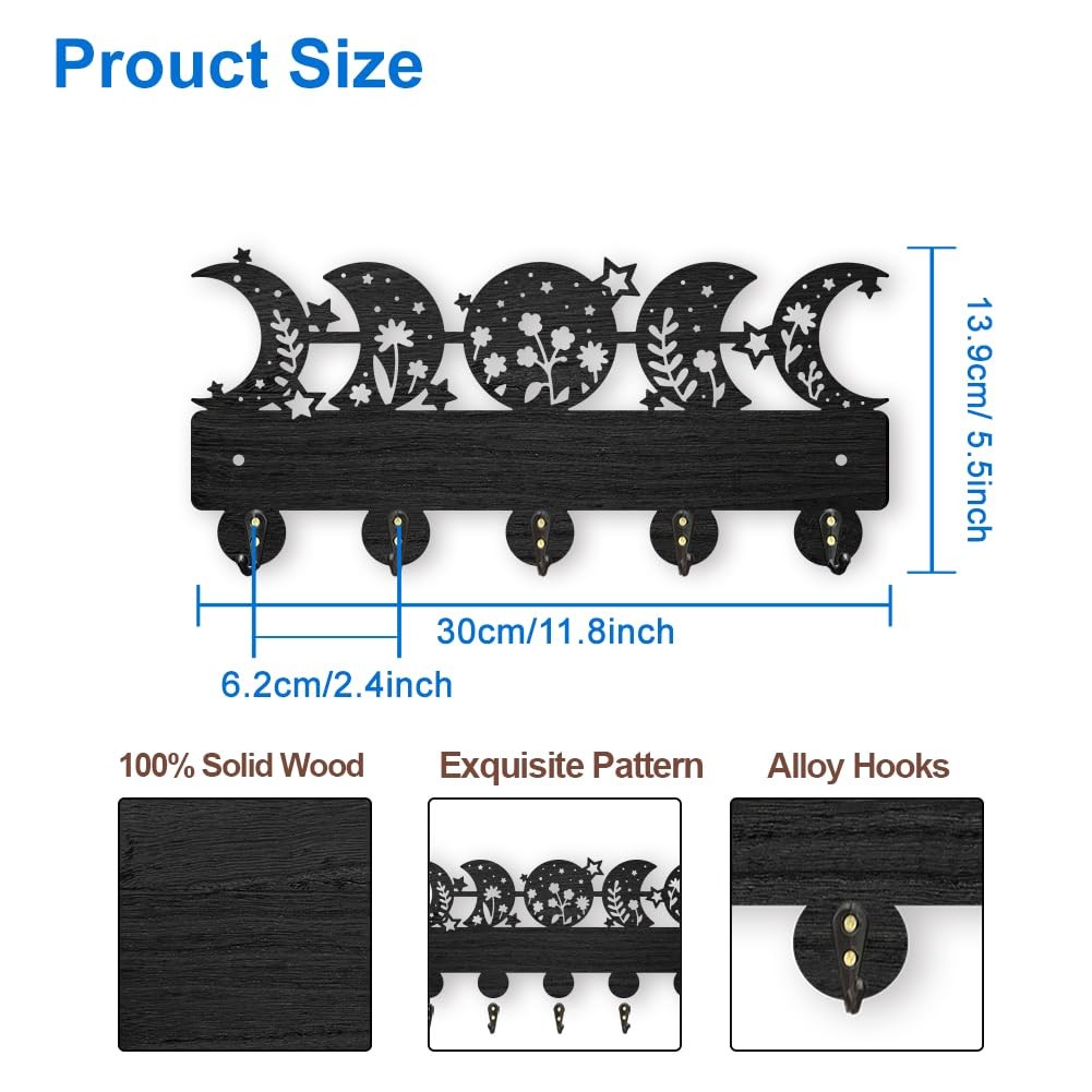 Moon Phase Star Coat Rack Wall Mount Wooden Floral Moon Key Holder for Wall 1…