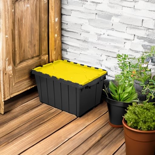 Akro~Mils 12 Gal Stackable Plastic Storage Tote Box with Lid, Black/Yellow