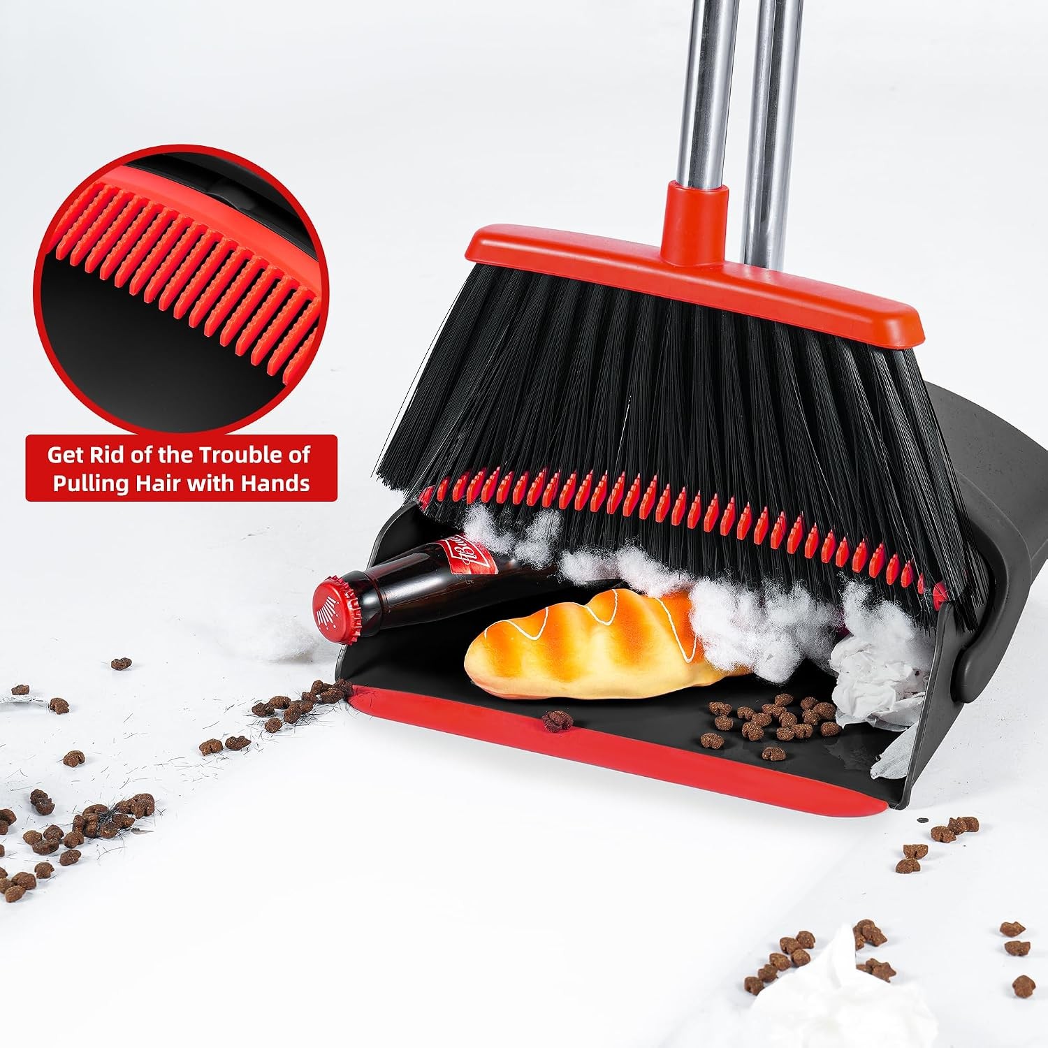 Long Handle Broom & Dustpan Set, Self-Cleaning Teeth, Heavy Duty Indoor/Outdoor