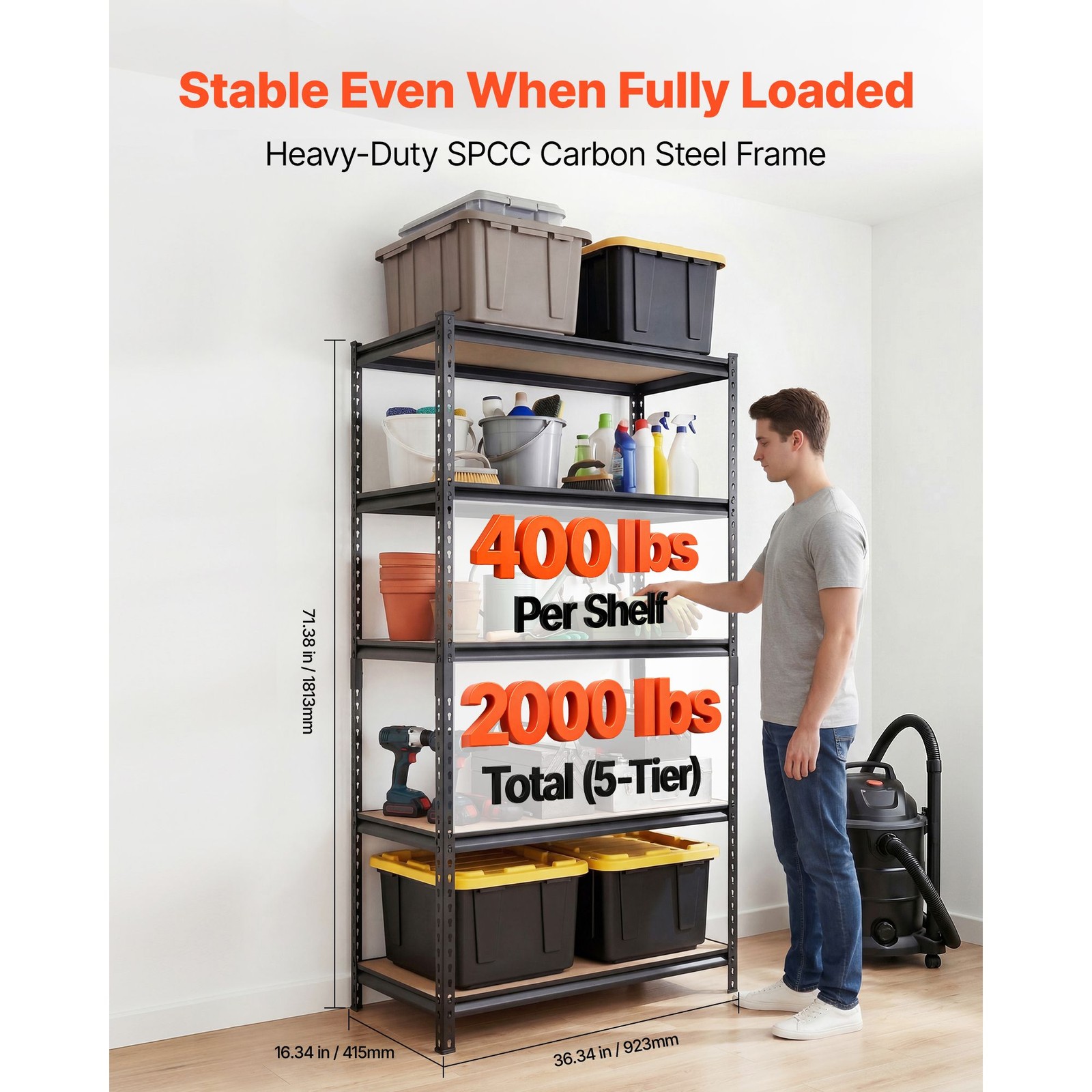 5-Tier Metal Shelving 2000lb Cap 36x16x71in Adjustable Utility Rack