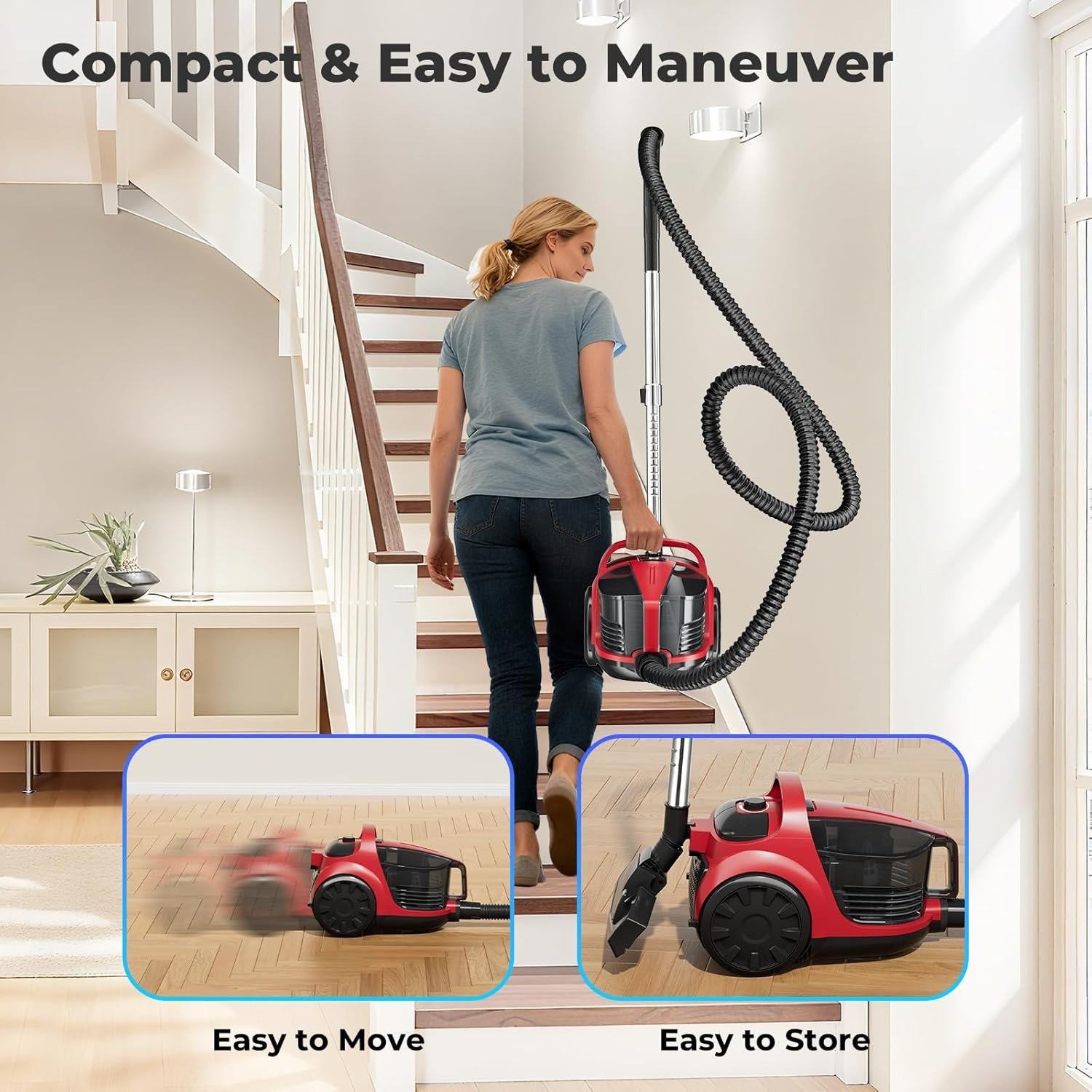 1600W Canister Vacuum Cleaner, Bagless Vacuum Cleaner with 45kPa Strong Sucti…