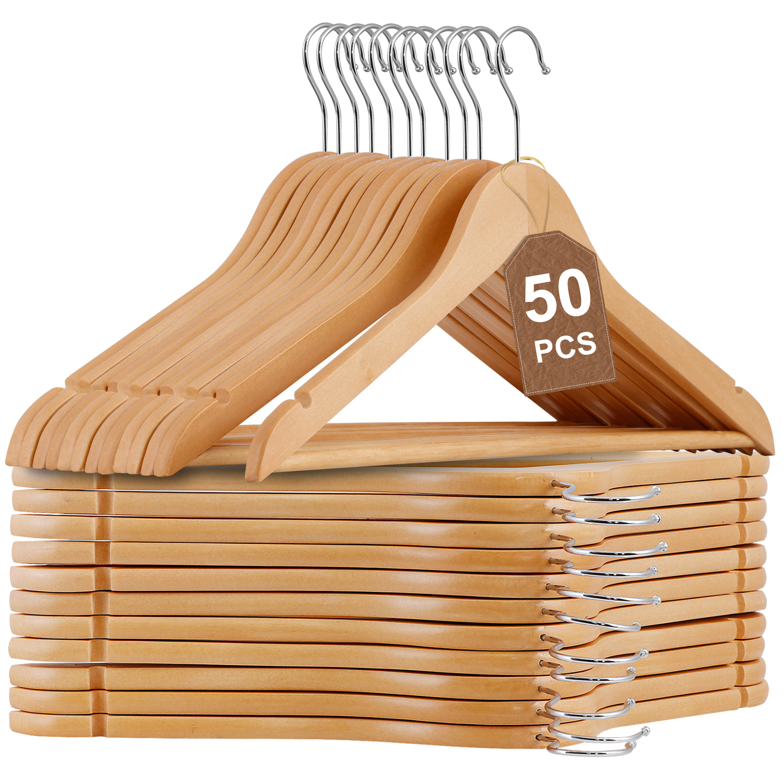 50 Pack Clothes Hangers Premium Natural Finish Suit Pant Dress Coat Hangers Wood