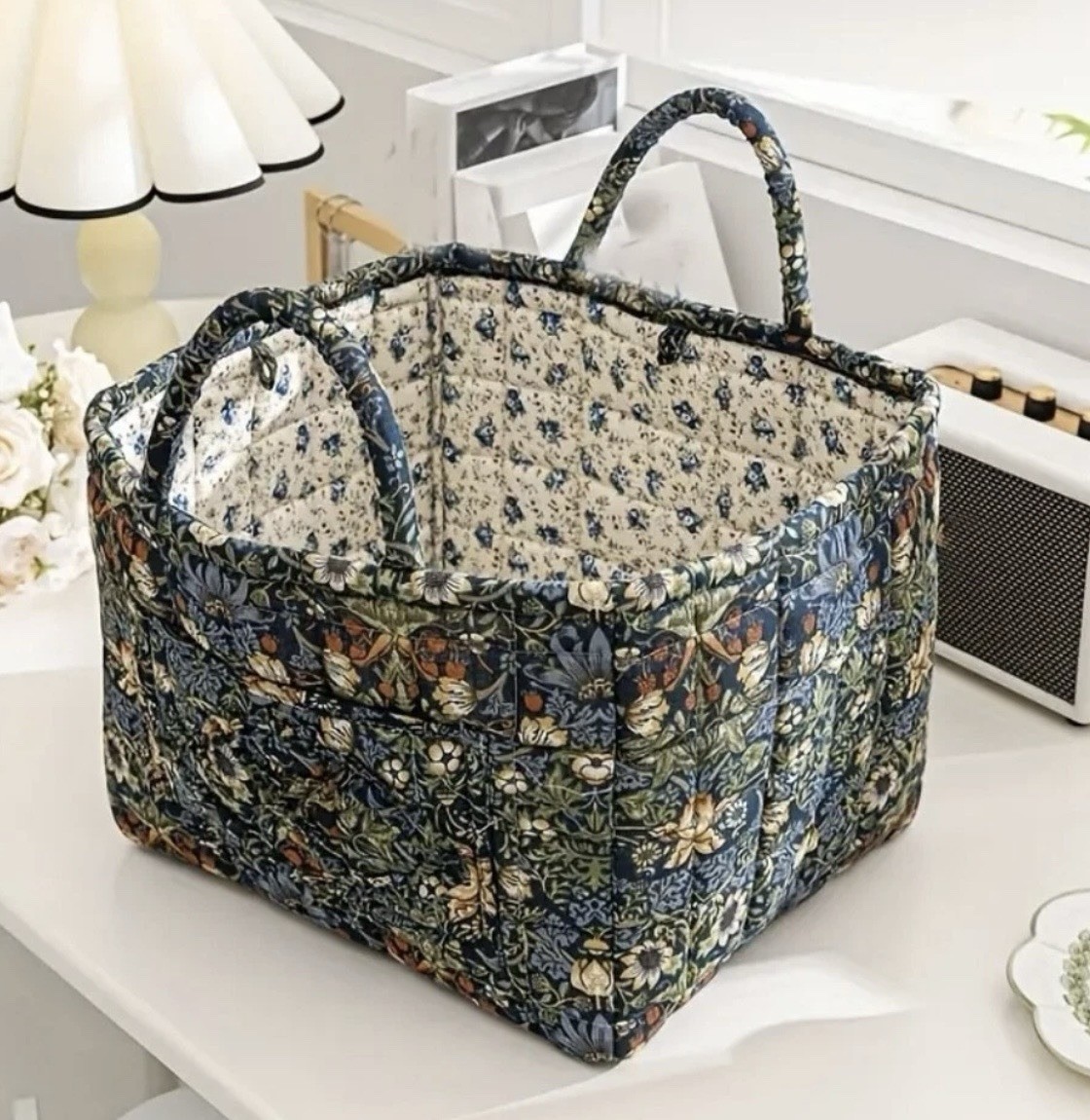 Quilted Fabric Knitting Bag Yarn Storage Crochet Basket-Navy Blue Floral