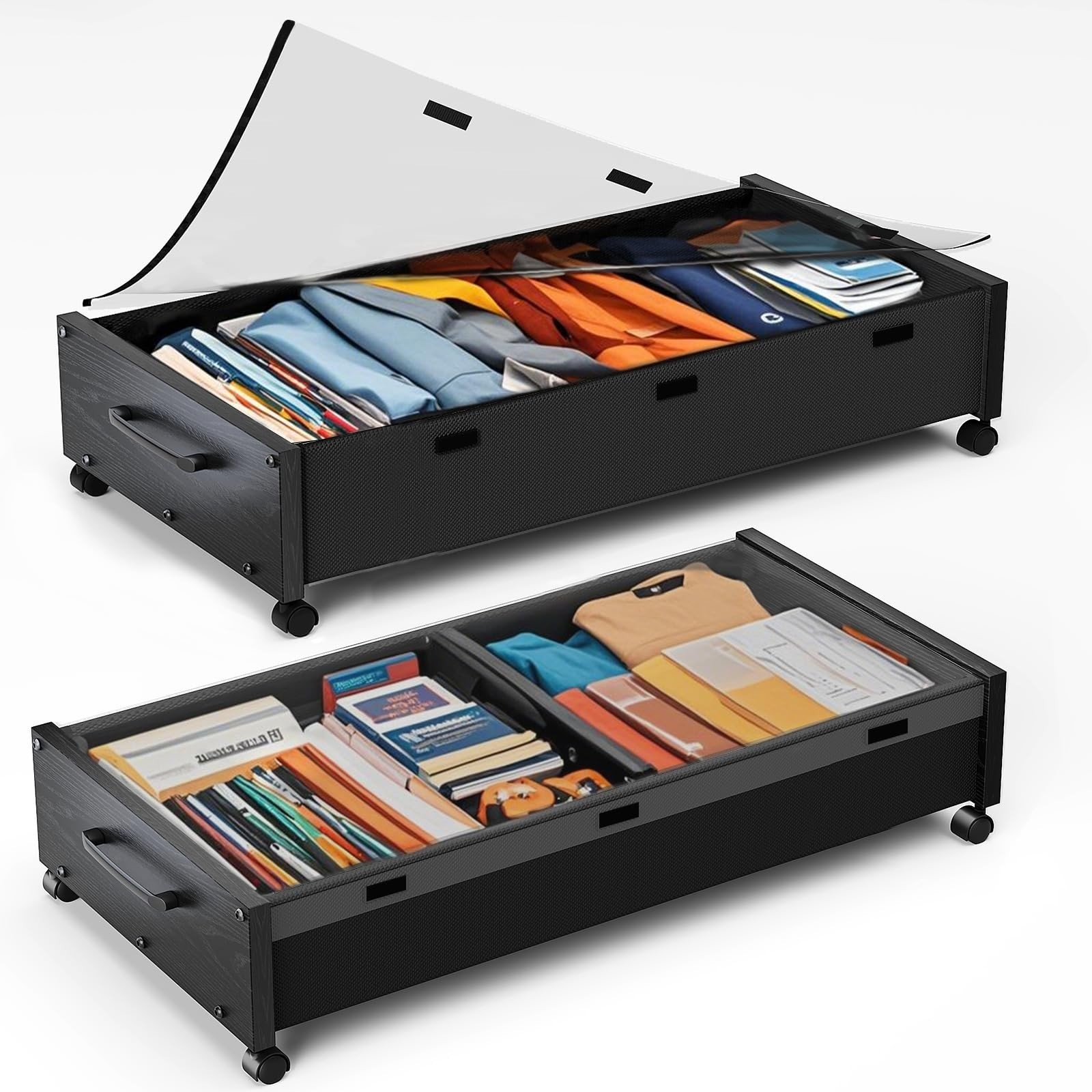 KITHELP Wooden Under Bed Storage with Wheels 80L 2 Pack Removable Lid