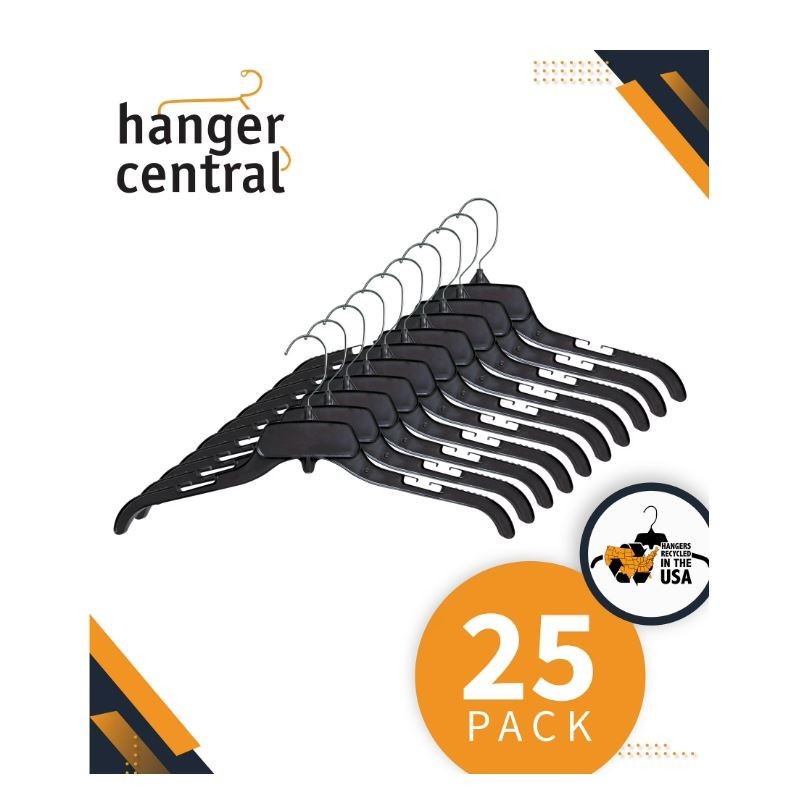 25 Pack Durable Plastic Clothing Hangers with Metal Swivel Hooks, 17 inch,Black
