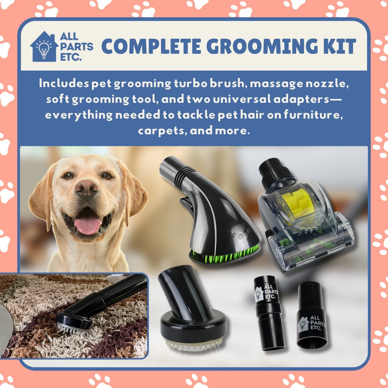 Vacuum Pet Brush Attachment Kit 5-Pack – Dog Grooming Tools with Turbo Brush