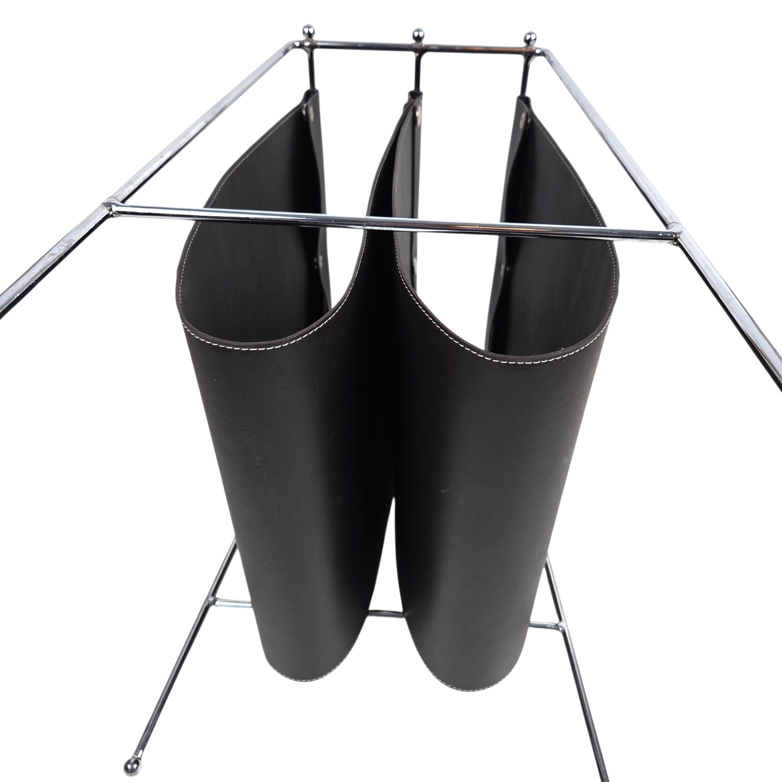 Mid Century Jacques Adnet Style Leather Grain Black Vinyl Chrome Magazine Rack