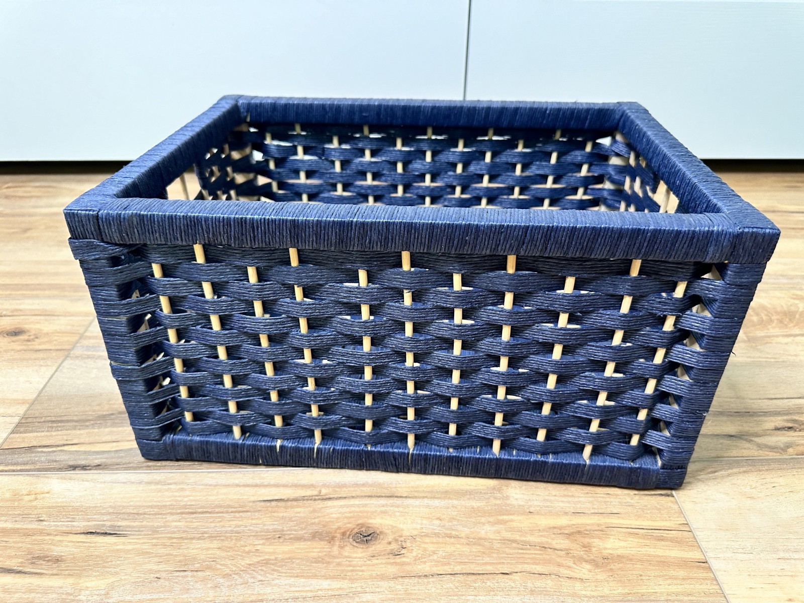 Navy Blue Tan Woven Storage Basket 10 x 14 x 7.5 Decor Container Organization