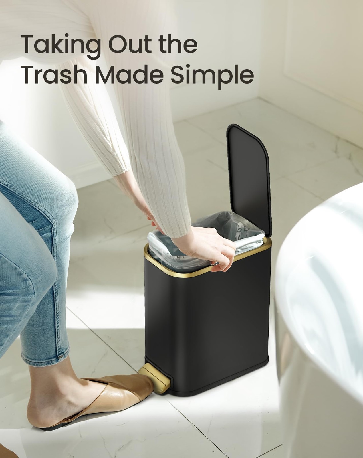 1.3 Gallon 5L Small Bathroom Trash Can with Lid Soft Close Black Gold