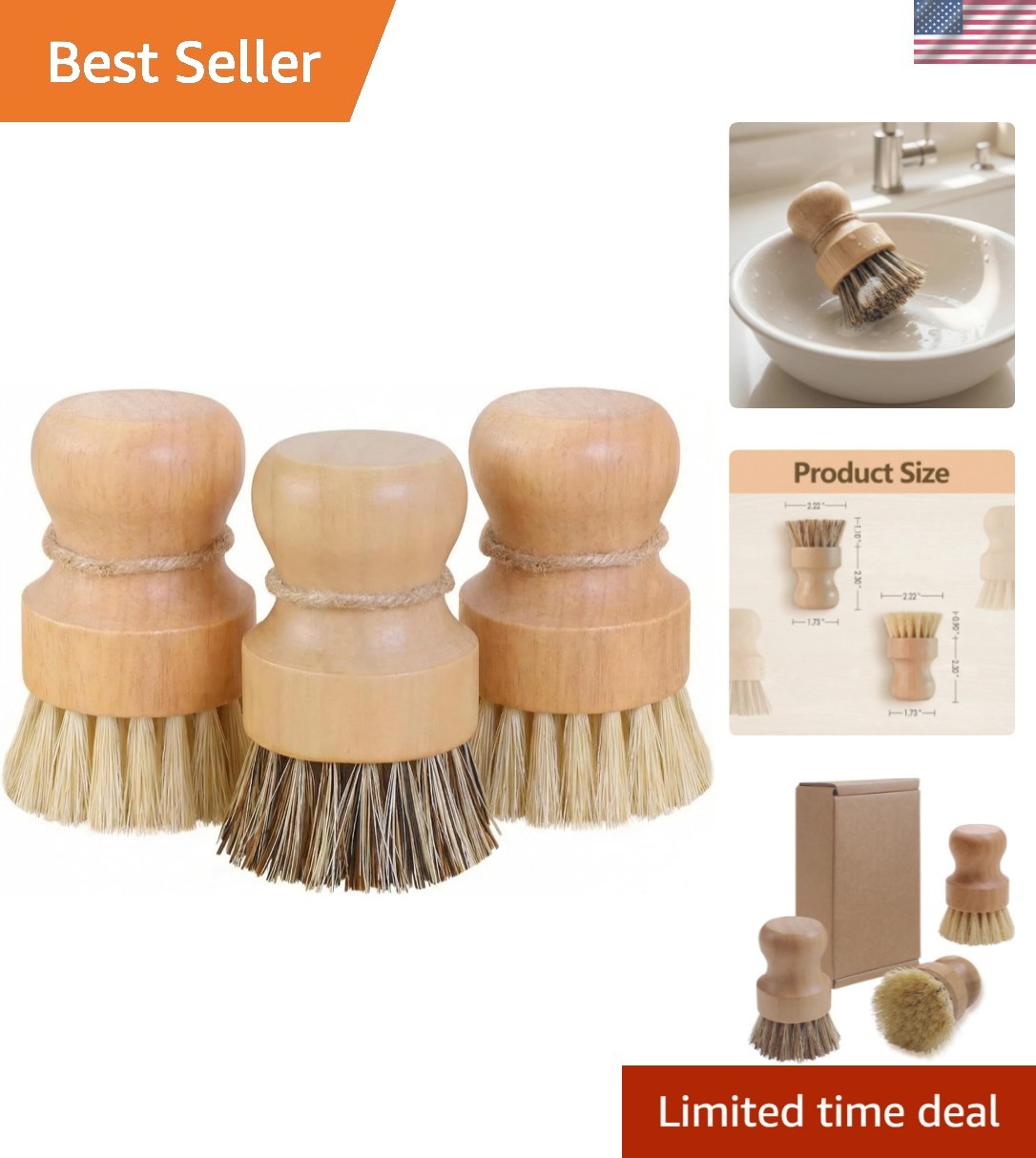 Wooden Dish Scrub Brush – Natural Fiber Kitchen Dish Scrubber Set, for Cleani…