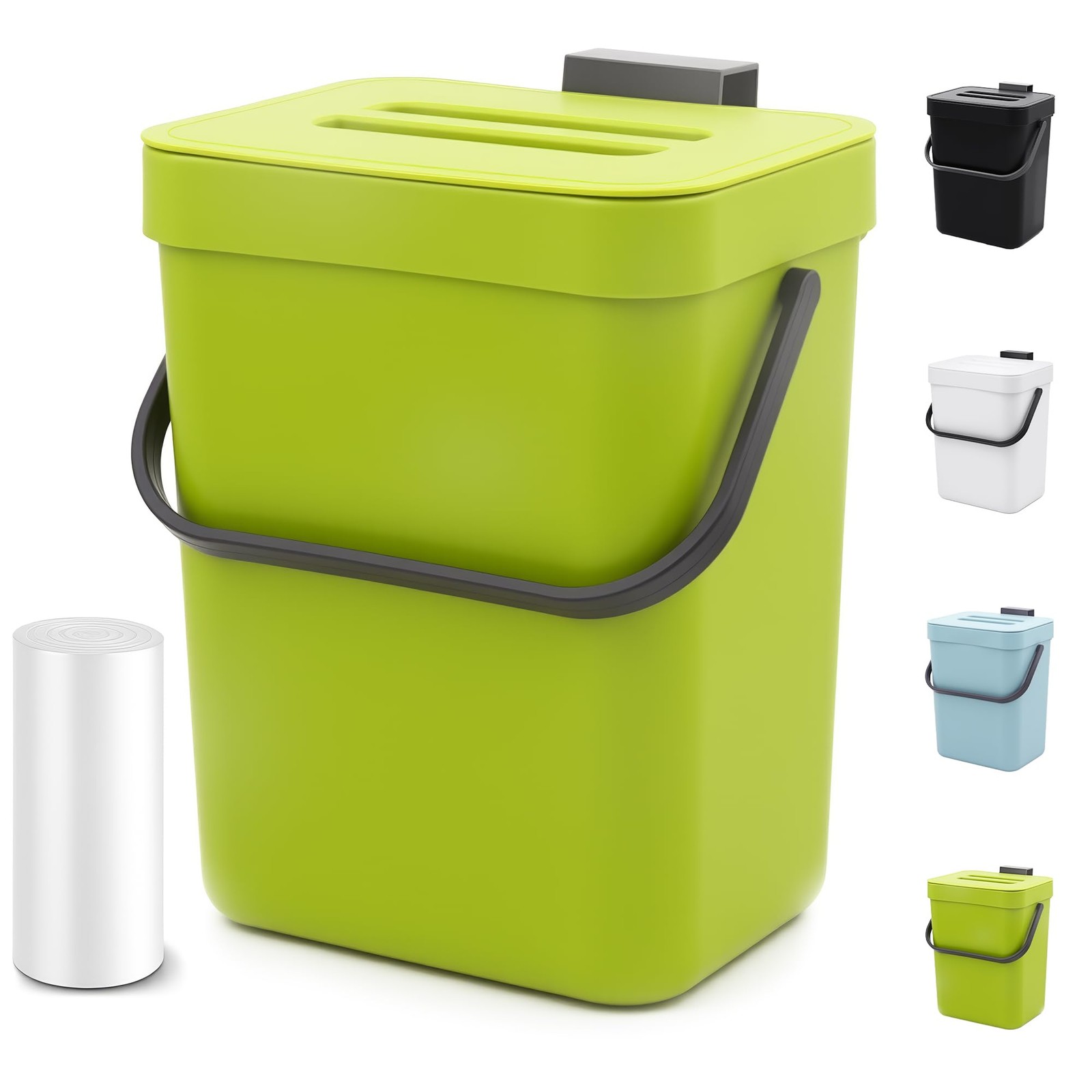 1.3 Gal Hanging Small Trash Can with Lid, Countertop Compost Bin, 5L, Green