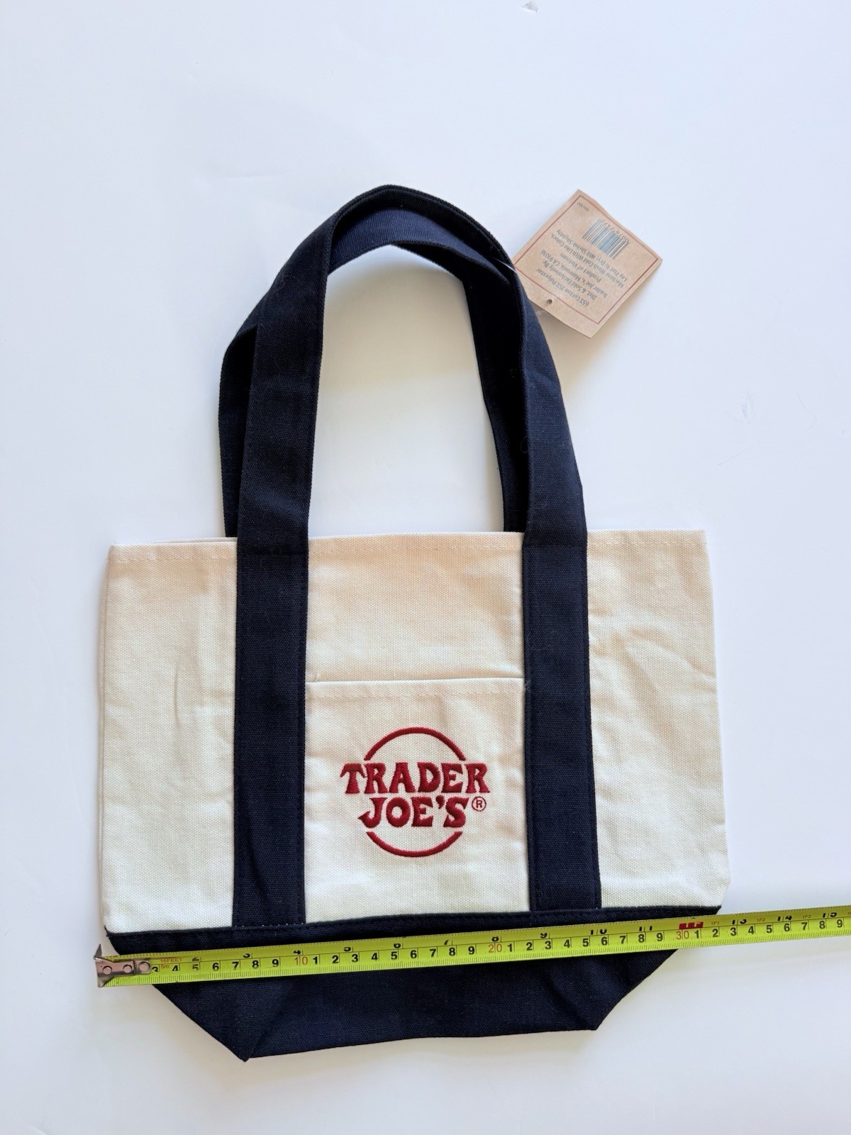 Trader Joe’s Navy and Cream Mini Canvas Tote Natural Logo Bag Rare Brand New