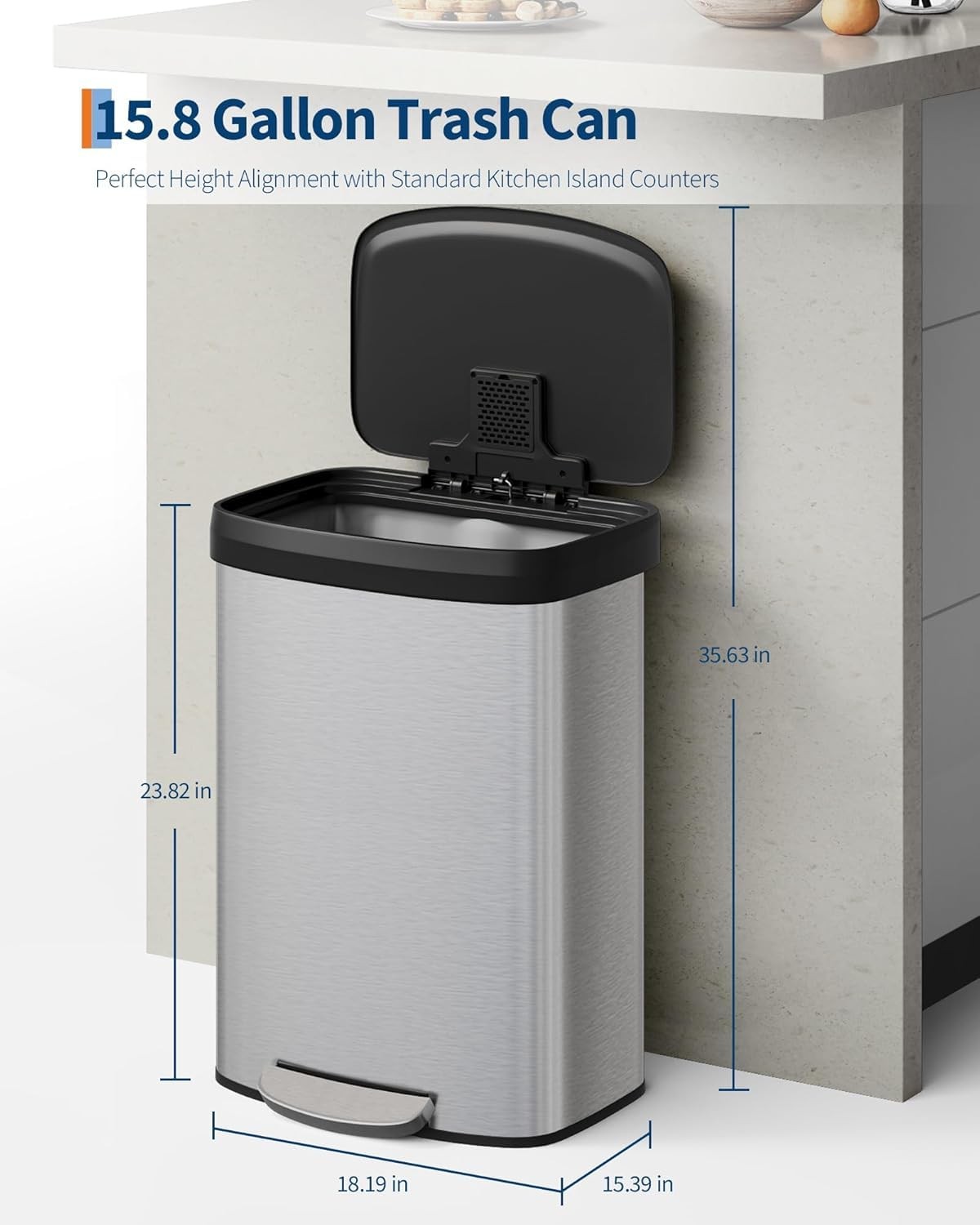 Touch-Free 60L Stainless Steel Step Trash Can 16 Gallon Soft-Close Lid Waste Bin