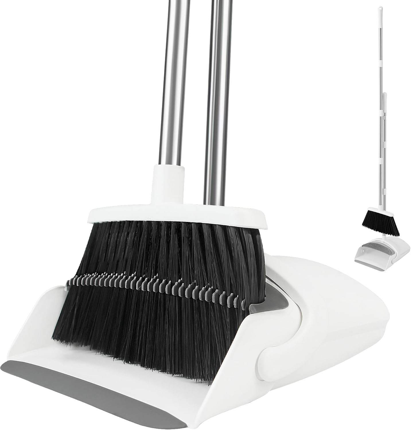 Long Handle Broom & Dustpan Set, Self-Cleaning Teeth, Heavy Duty Indoor/Outdoor