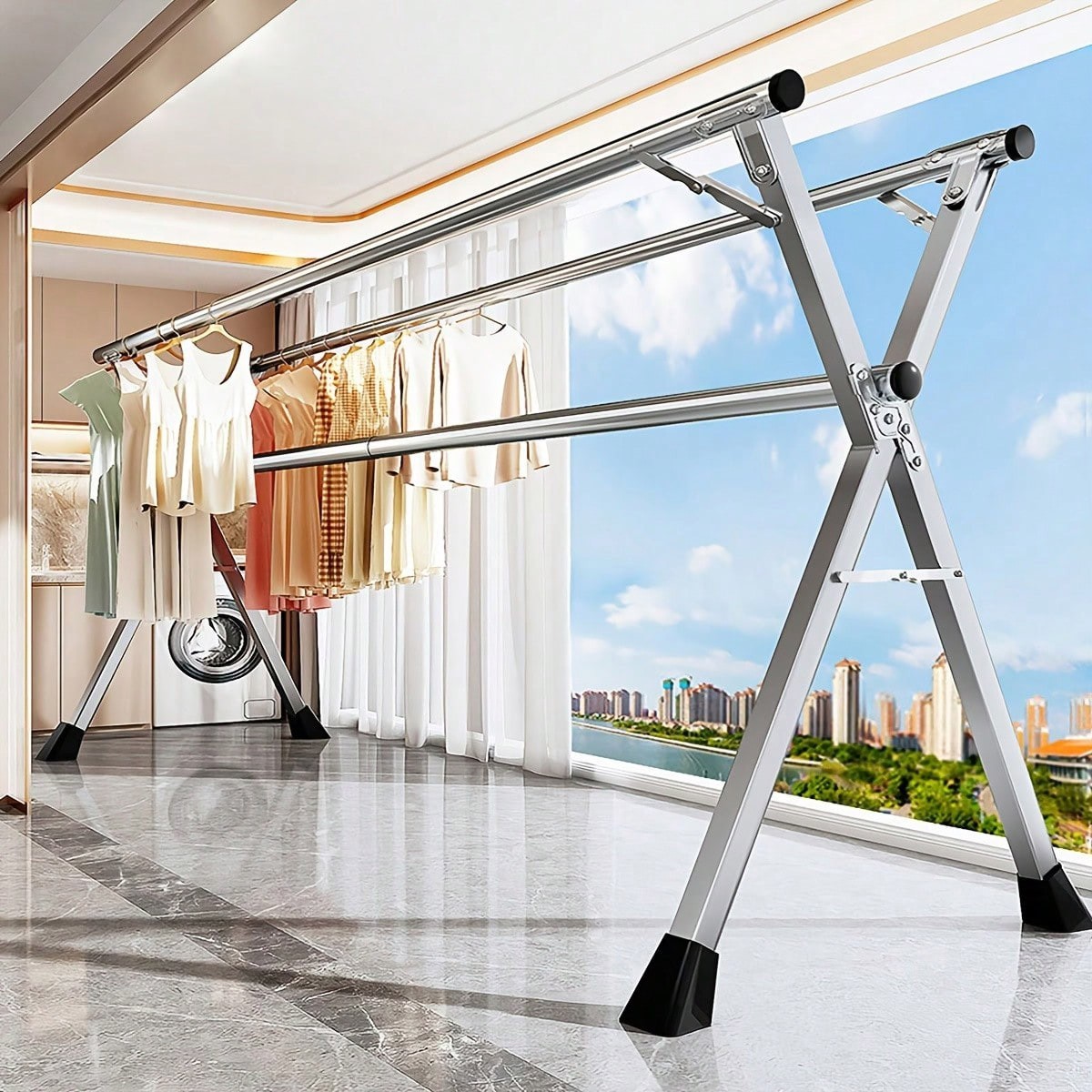 78.7″ Stainless Steel Foldable Clothes Drying Rack Indoor Outdoor