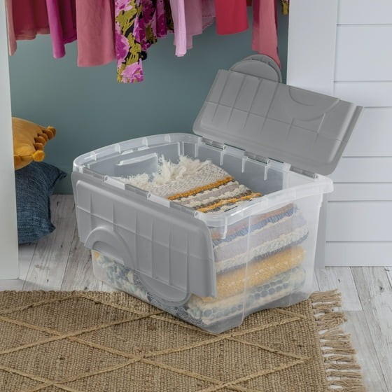 Clear Plastic Storage Container with Hinge Lid 48 Quart Medium FlipLid Bin Gray