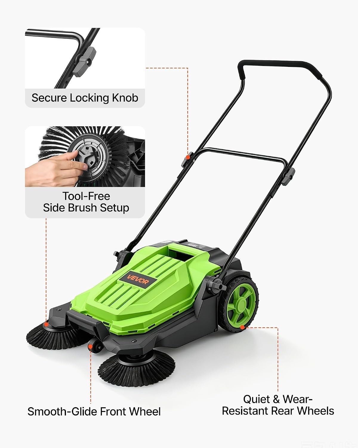 Pro Floor Sweeper, Manual Push, 25.6″ Wide, 5 Gal Bin, Ergonomic Folding Handle