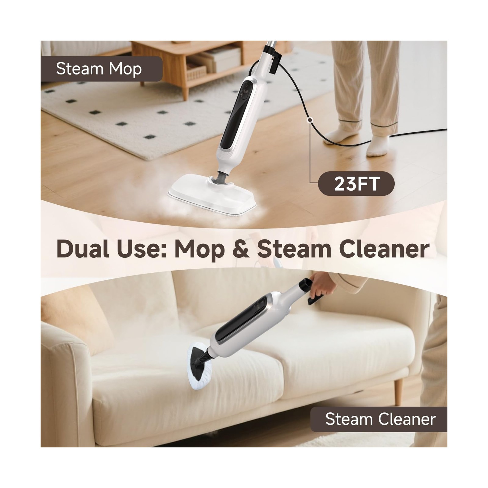 12-in-1 Steam Mop, Detachable Handheld Steam Cleaner for Home, 23FT Cord, 3 S…