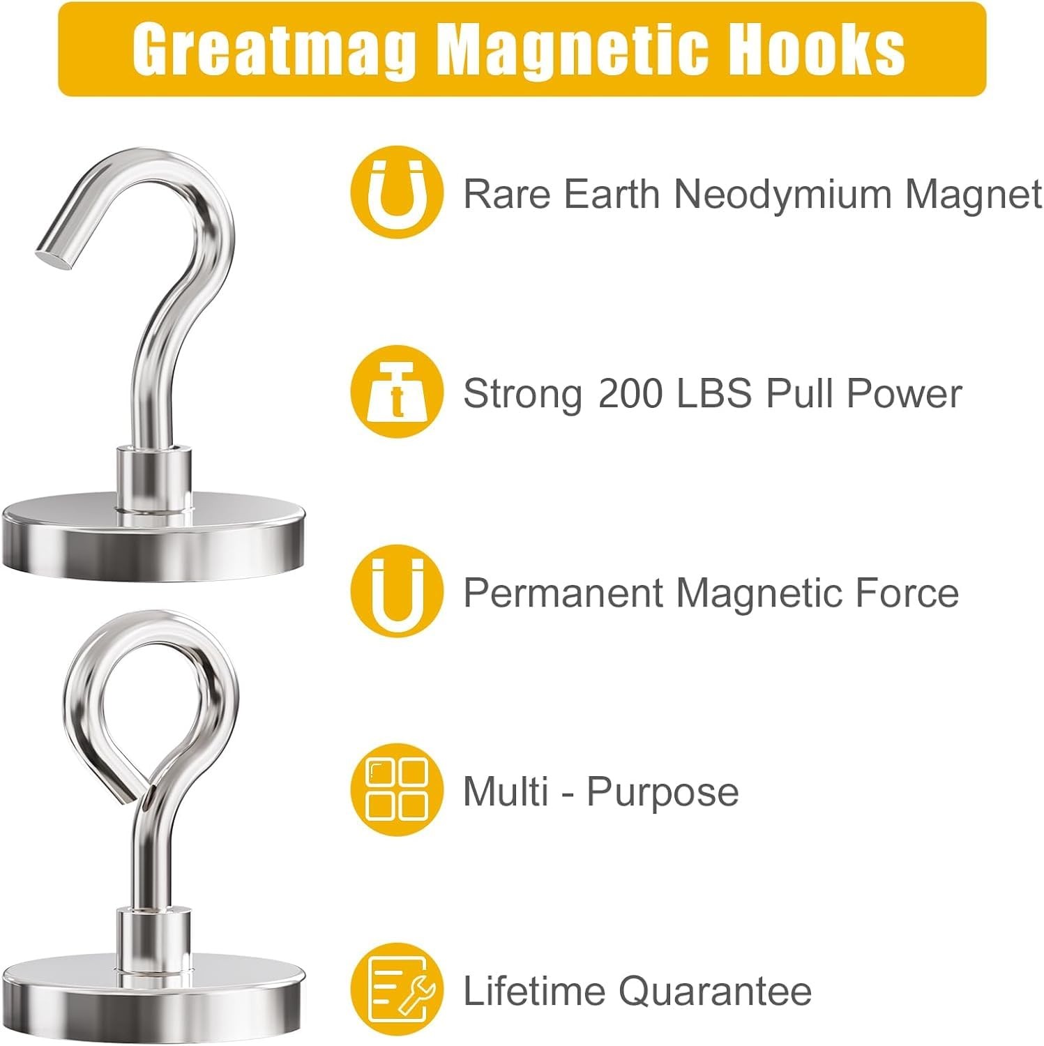 Neodymium Magnet Hooks 200 lbs Pull Force 1.65 Inch – Set of 6 for Home