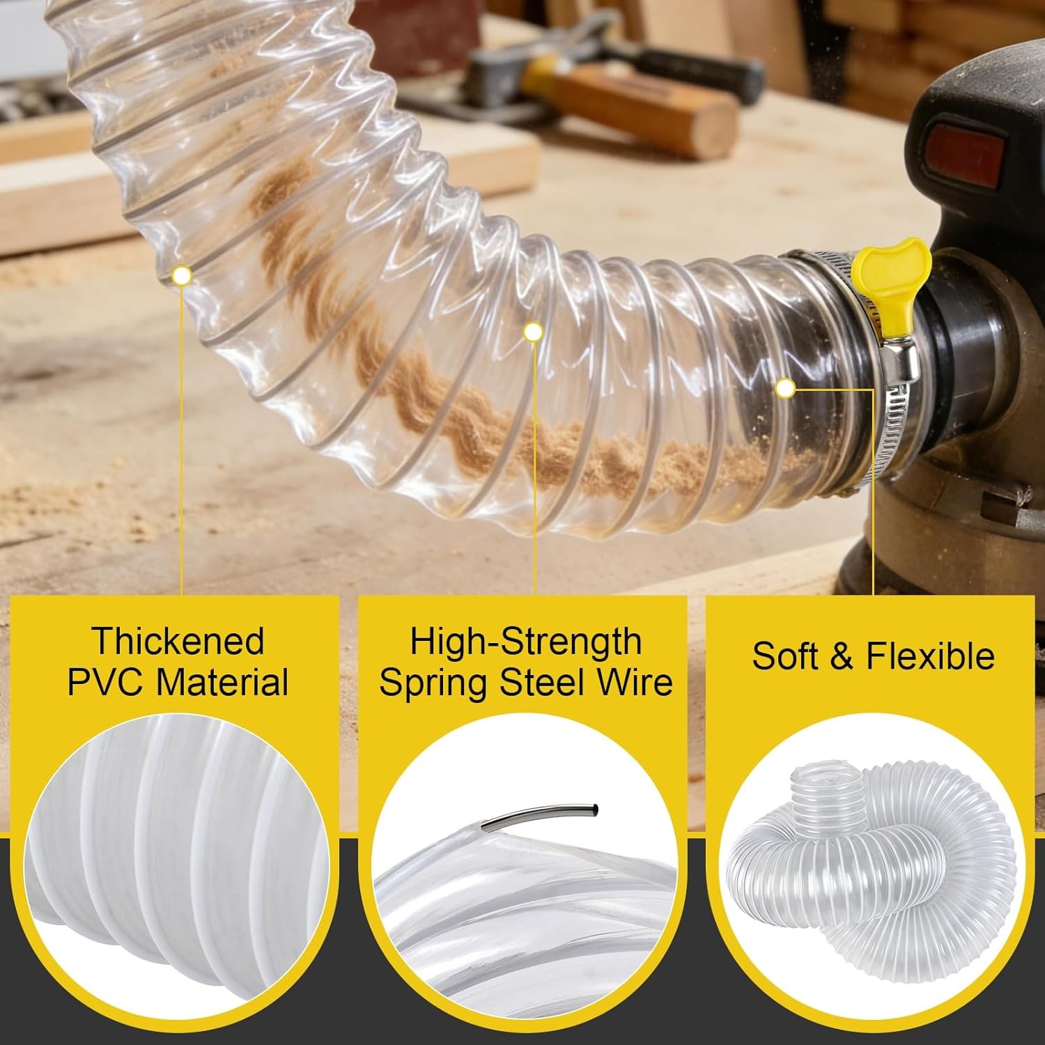 PVC Dust Collection Hose 2.3″×3.9ft Clear Workshop Fume Hose w/ Clamp