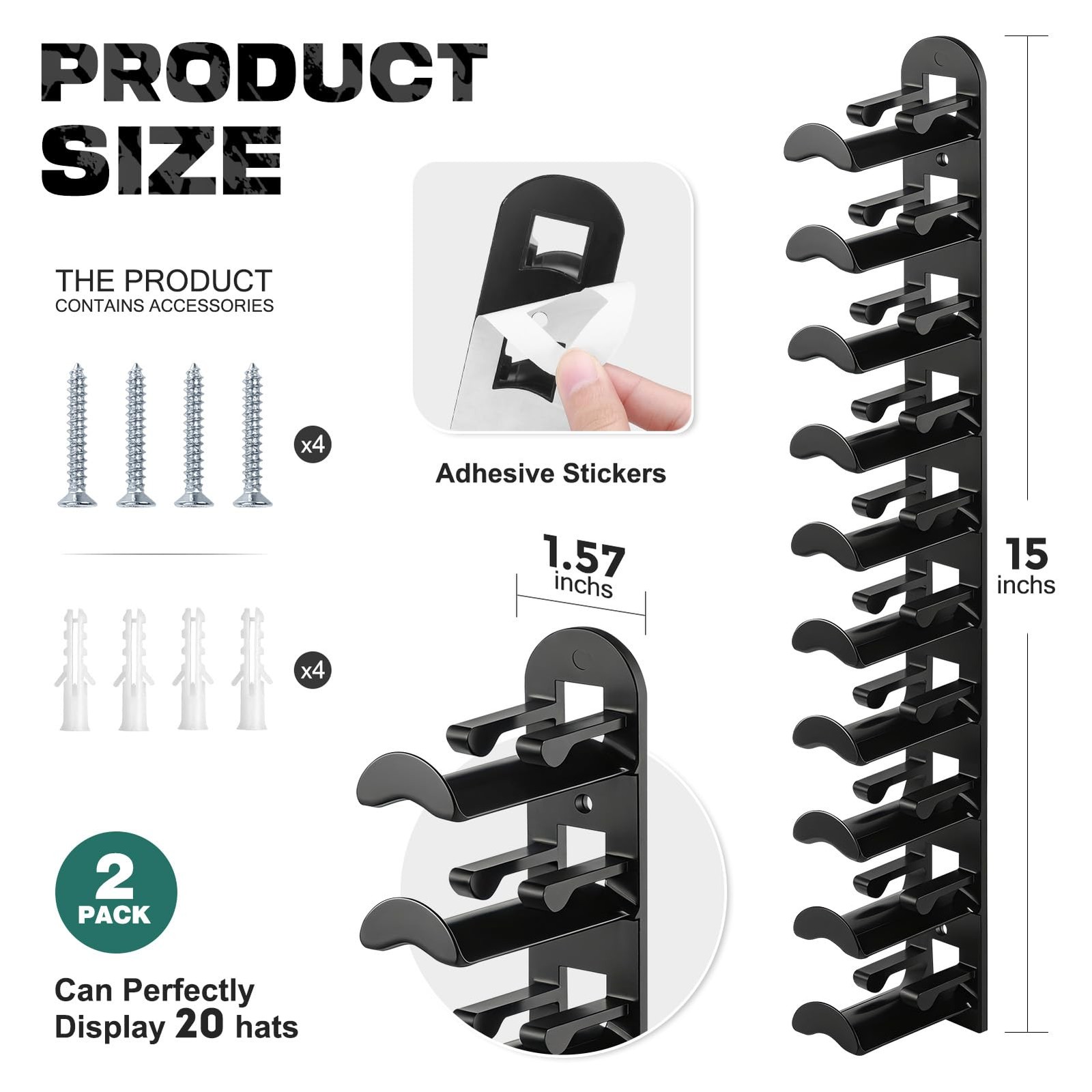 Hat Hook for Wall, 2 Pack Hat Organizer Hold up to 20 Hats,Hat Holder with