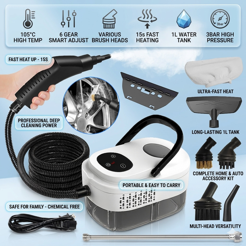 Fast Heating Handheld Steam Cleaner – 15-in-1 High Pressure for Home & Car